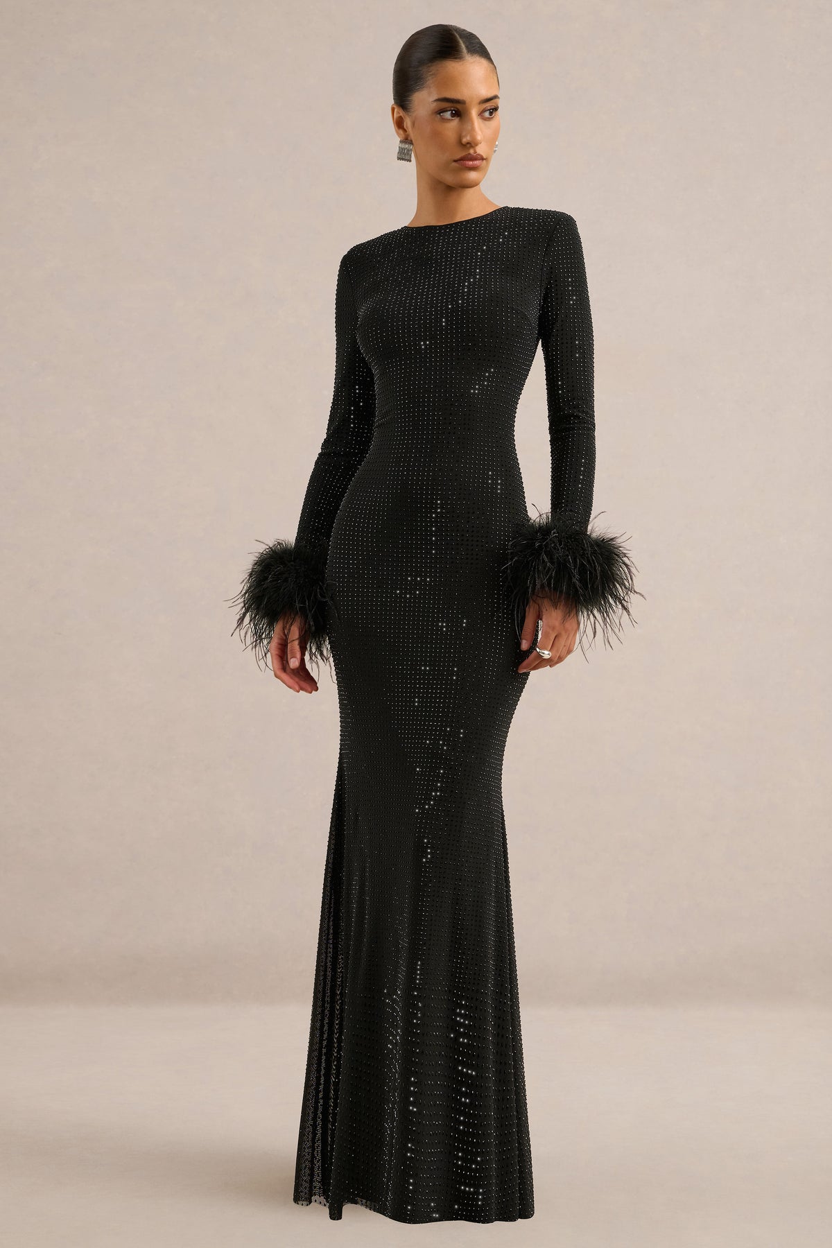 ECM_HR_CL138394001 - Garance _ Black Hotfix Round-Neck Maxi Dress With Feather Trim Cuffs3.jpg