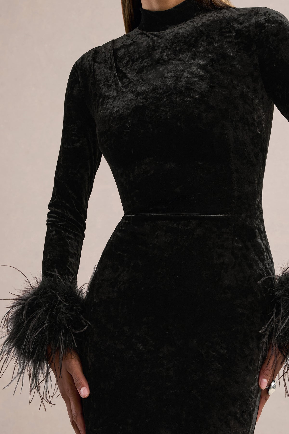 ECM_HR_CL138413001 - Bria _ Black Velvet High-Neck Maxi Dress With Feather Trim Cuffs2.jpg