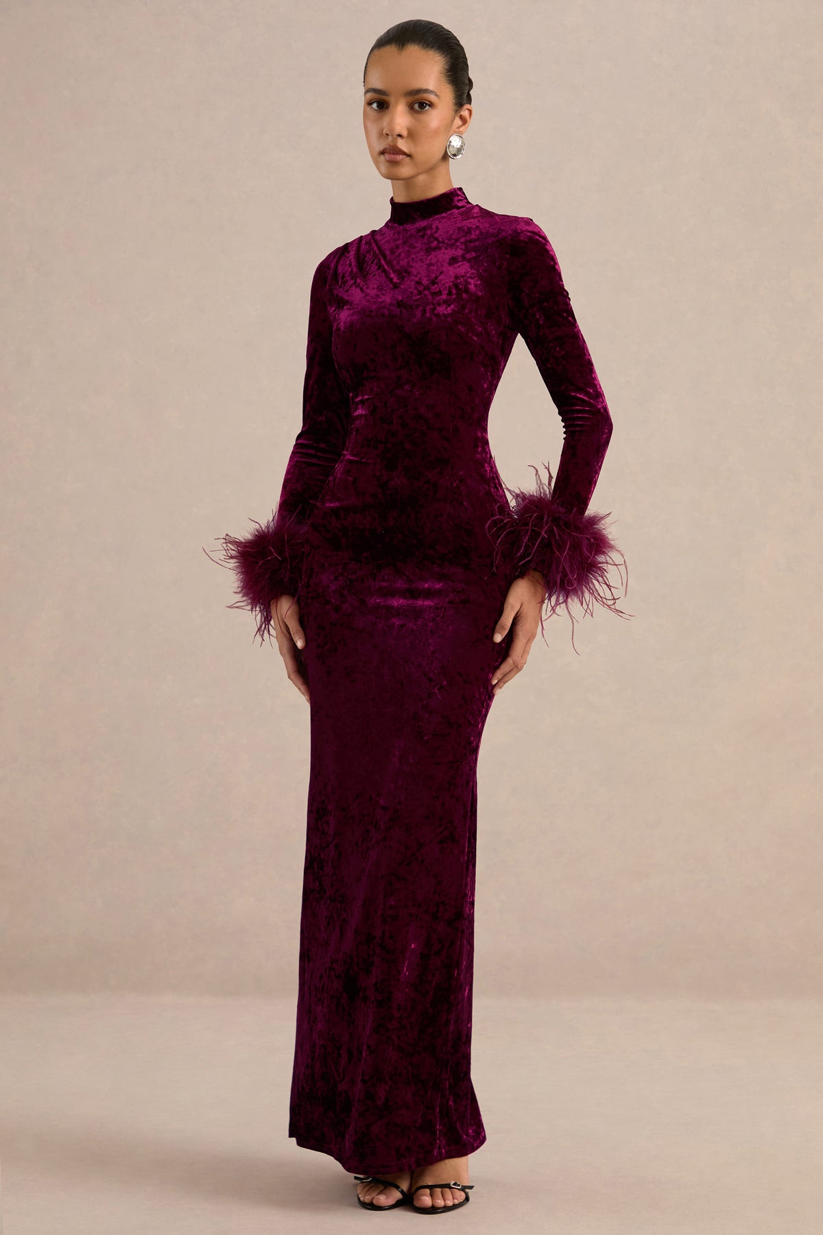ECM_HR_CL138413102_Bria Burgundy Velvet High-Neck Maxi Dress With Feather Trim Cuffs 9