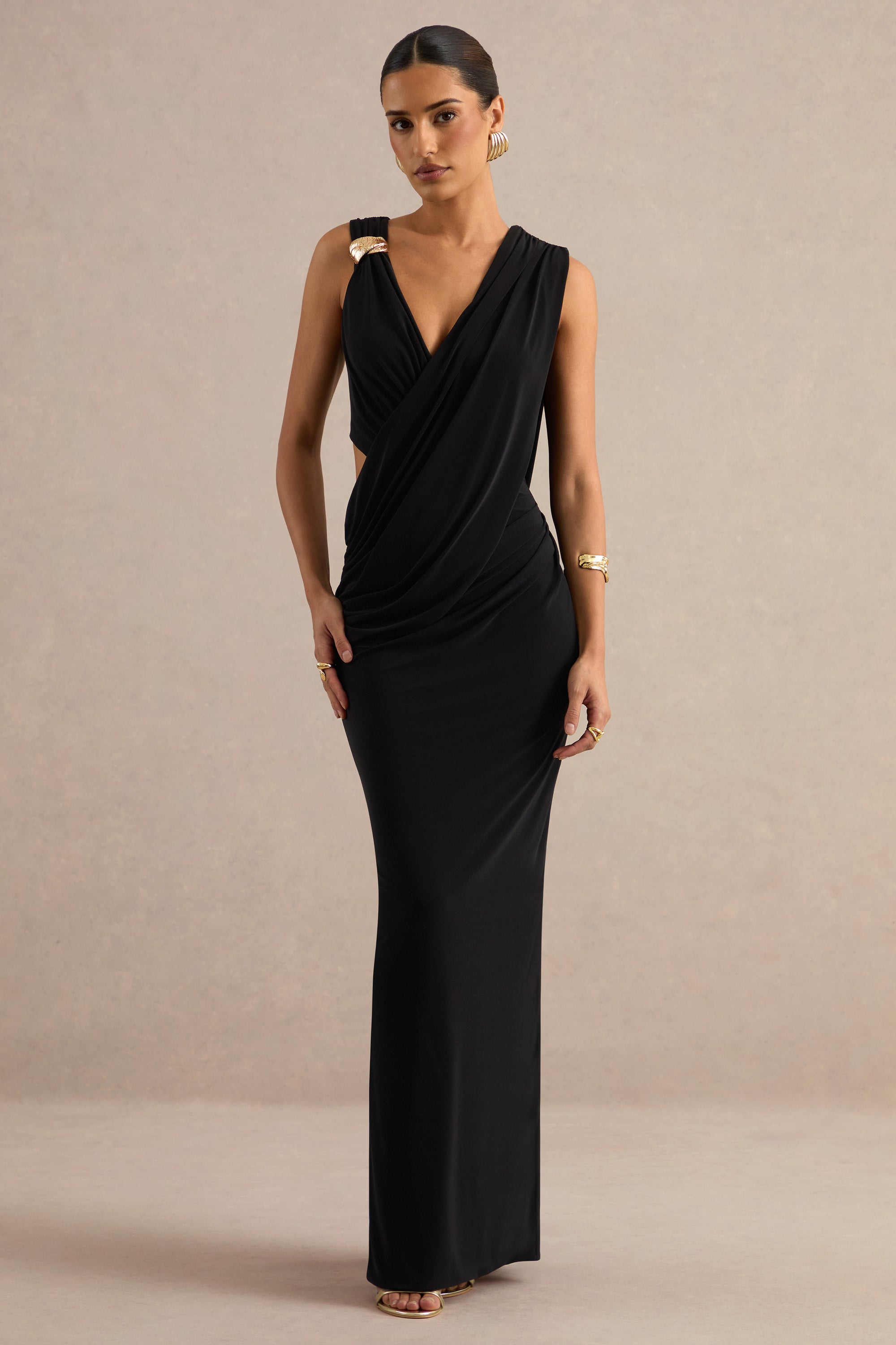 ECM_HR_CL138428001 - Tahlia _ Black Plunge-Neck Maxi Dress With Draped Detailing And Gold Detail 1.jpg