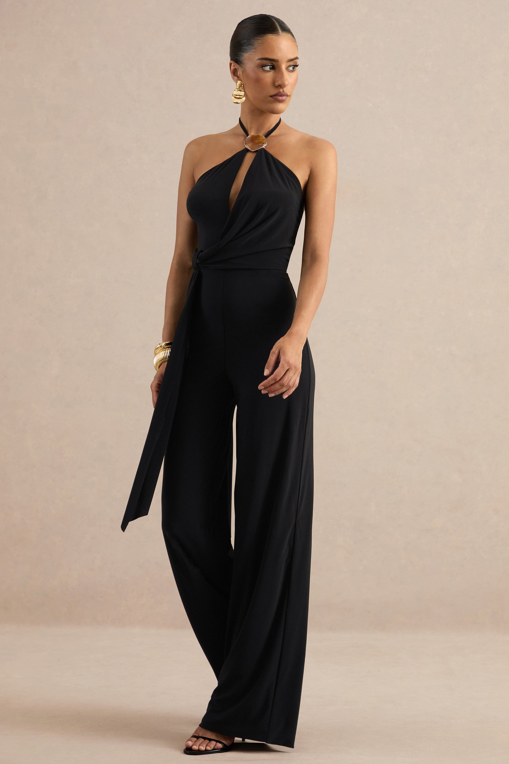 ECM_HR_CL138435001 - Avani | Black Halter-Neck Jumpsuit With Gathered Detailing And Gold Detail 3.jpg