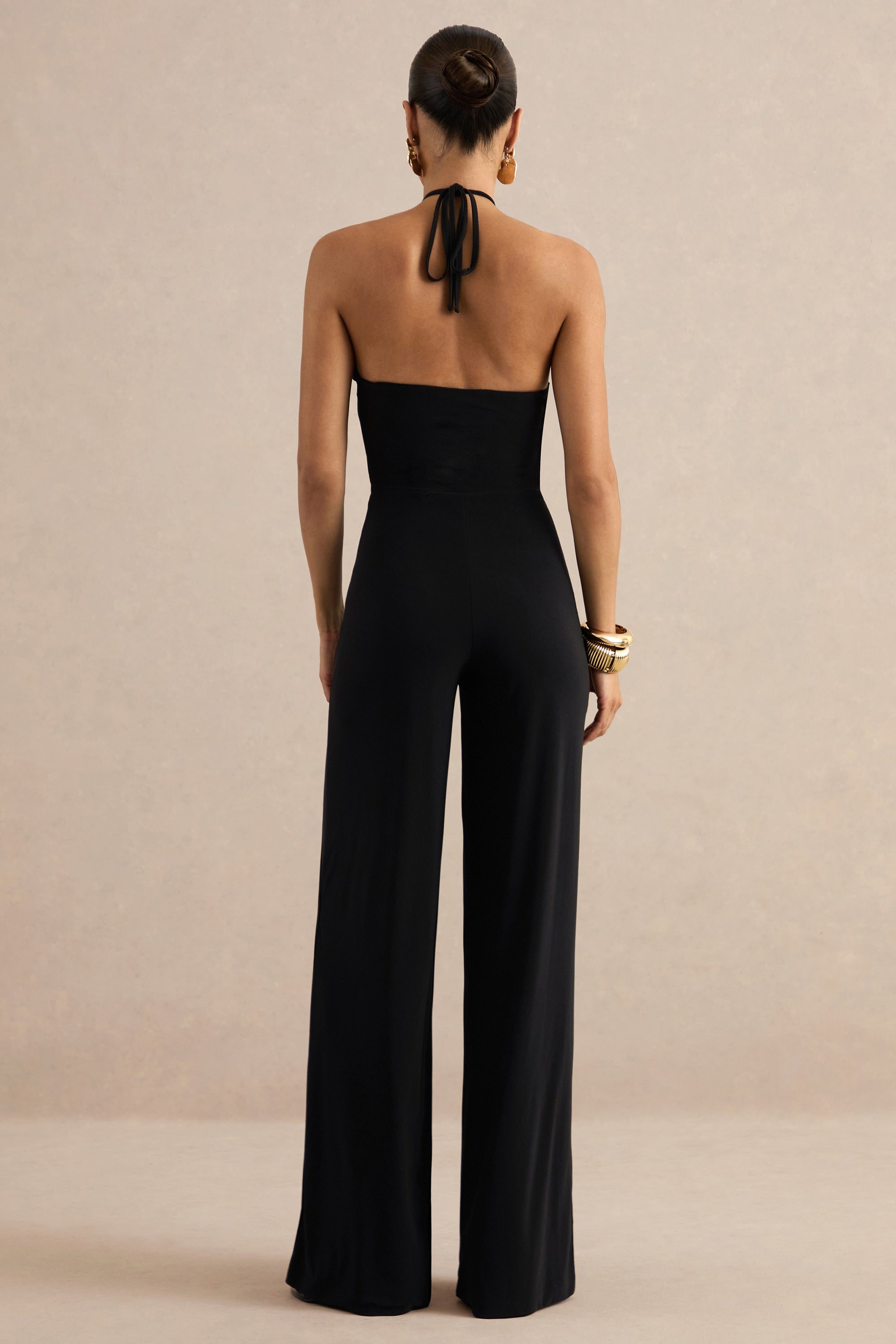 ECM_HR_CL138435001 - Avani | Black Halter-Neck Jumpsuit With Gathered Detailing And Gold Detail 6.jpg