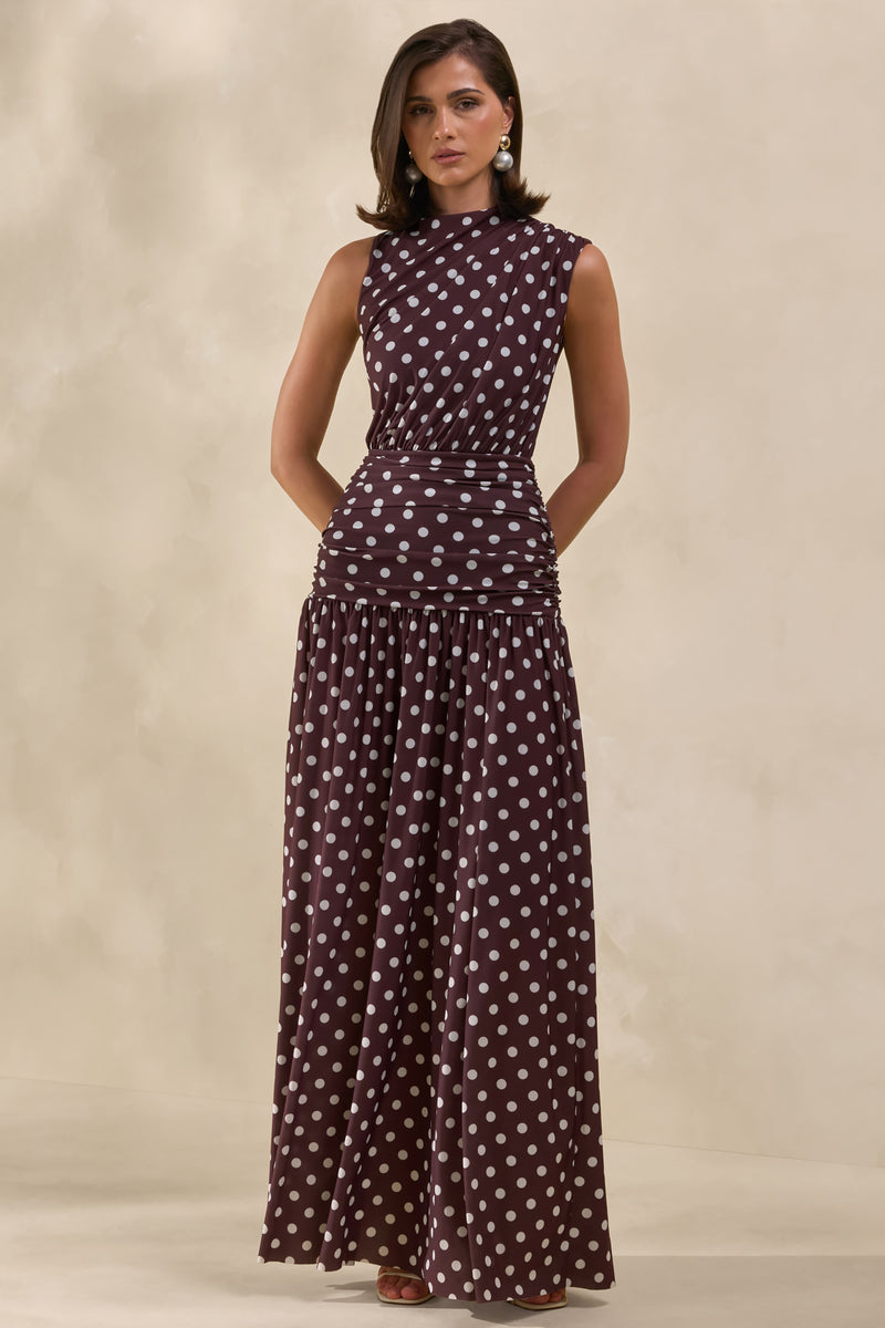 Cara | Brown Matte Satin High-Neck Maxi Dress – Club L London