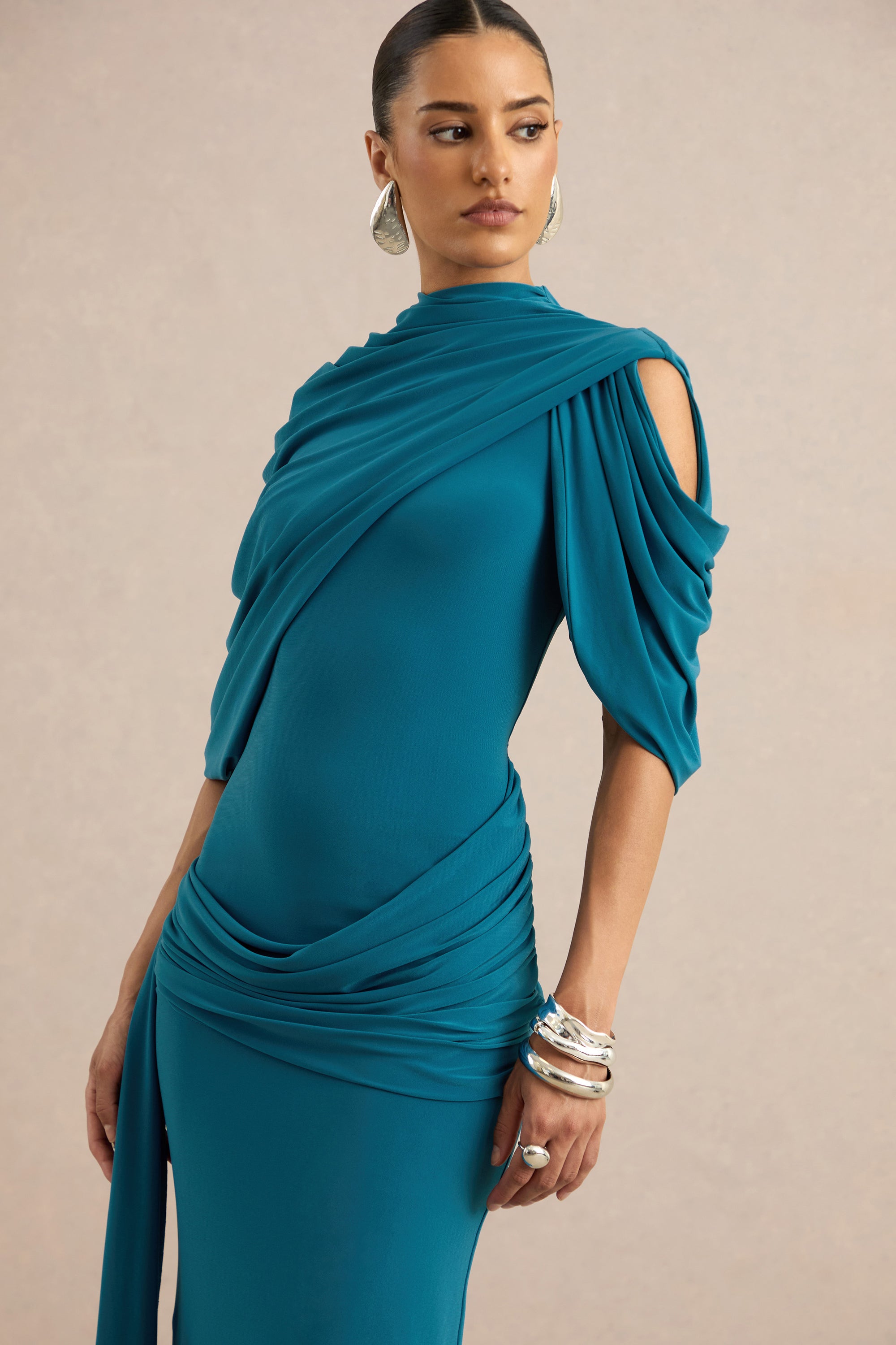 ECM_HR_CL138531036 - Eleri | Teal High-Neck Maxi Dress With One Short Cape Sleeve And Gathered Detailing 5.jpg