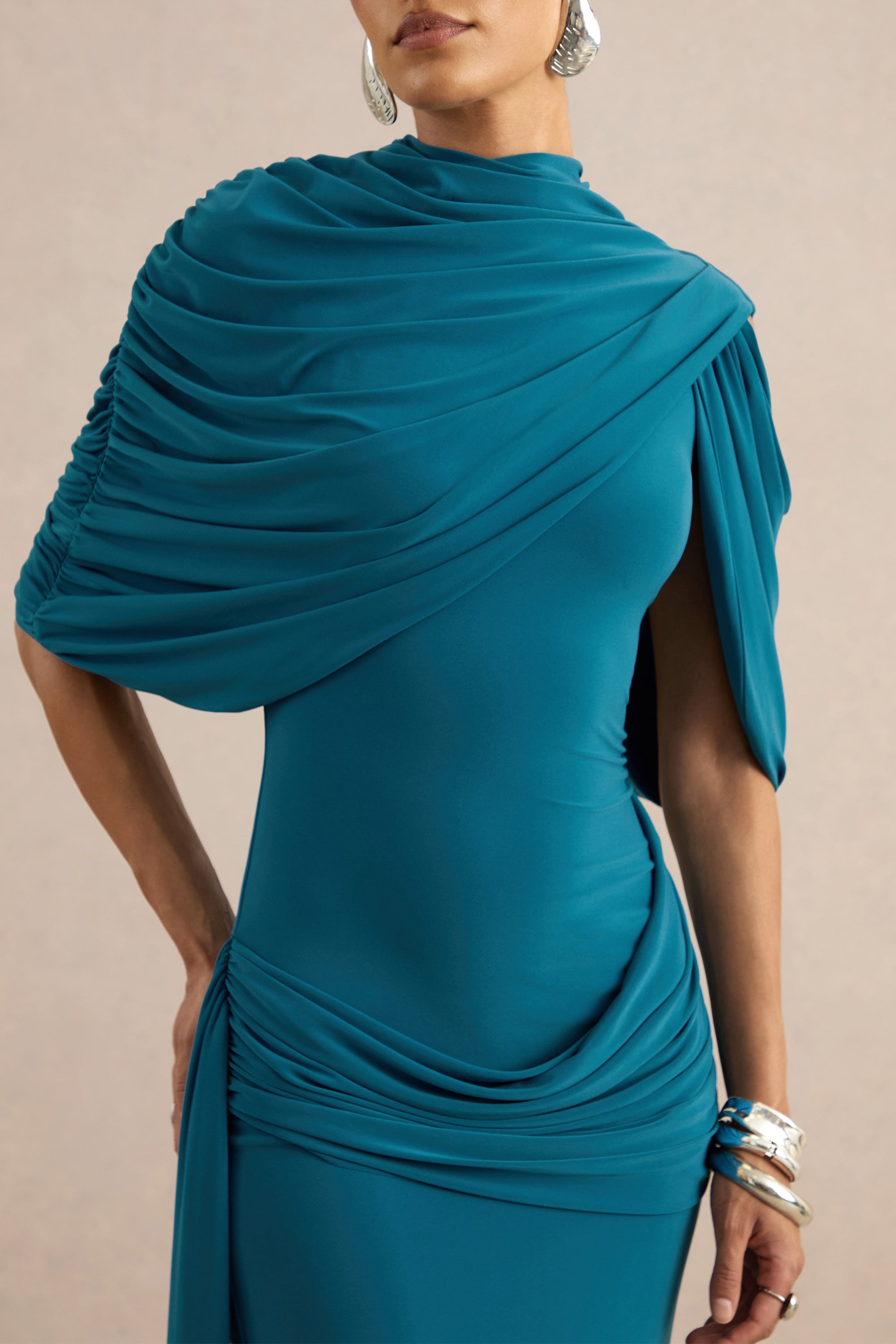 ECM_HR_CL138531036 - Eleri | Teal High-Neck Maxi Dress With One Short Cape Sleeve And Gathered Detailing 6.jpg