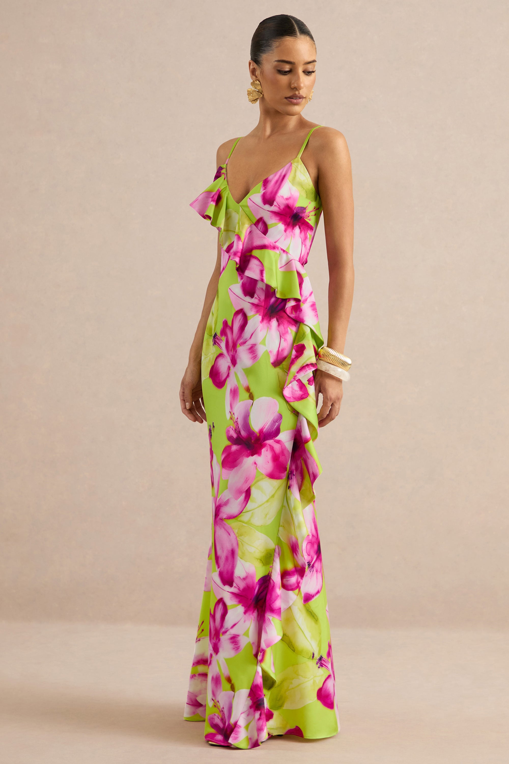 ECM_HR_Marcelina Lime And Pink Floral Print Satin V-Neck Maxi Dress With Ruffled Detailing CL138609034 25.jpg
