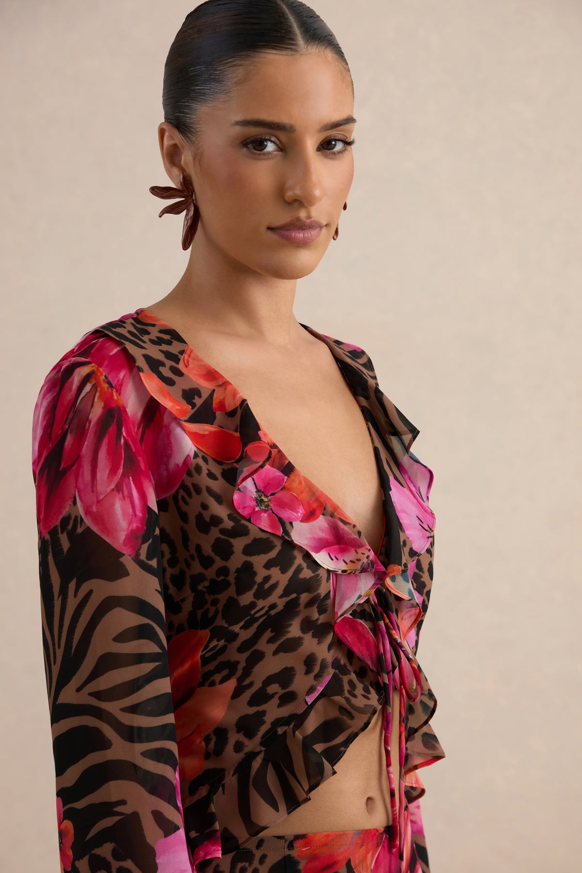 CL138620021 - Selina | Brown Sheer Animal And Floral Print Chiffon Plunge-Neck Top  10.jpg