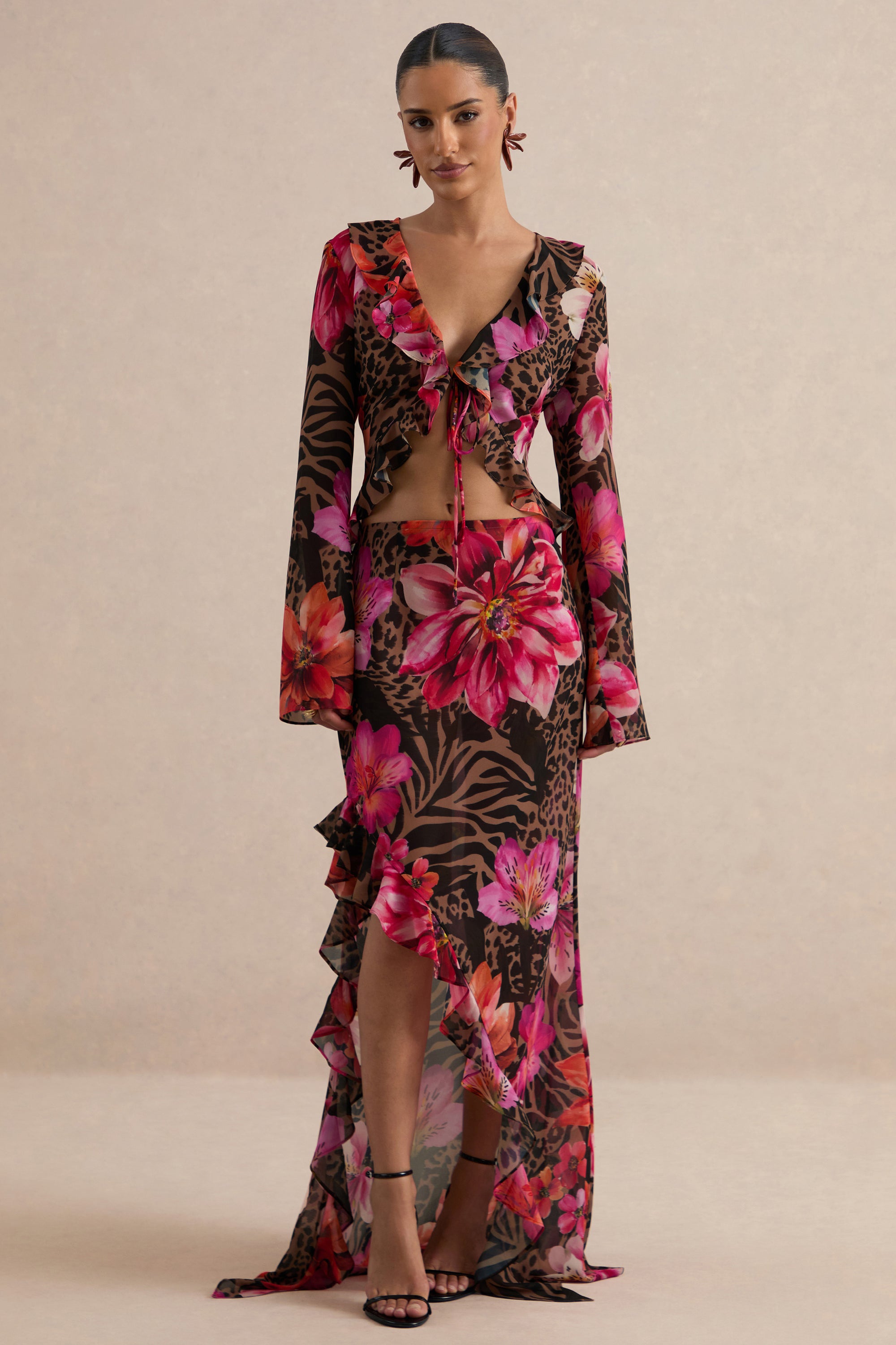 CL138621021 - Selina | Brown Sheer Animal And Floral Print Chiffon Maxi Skirt With Ruffled Detailing And Split 0.jpg