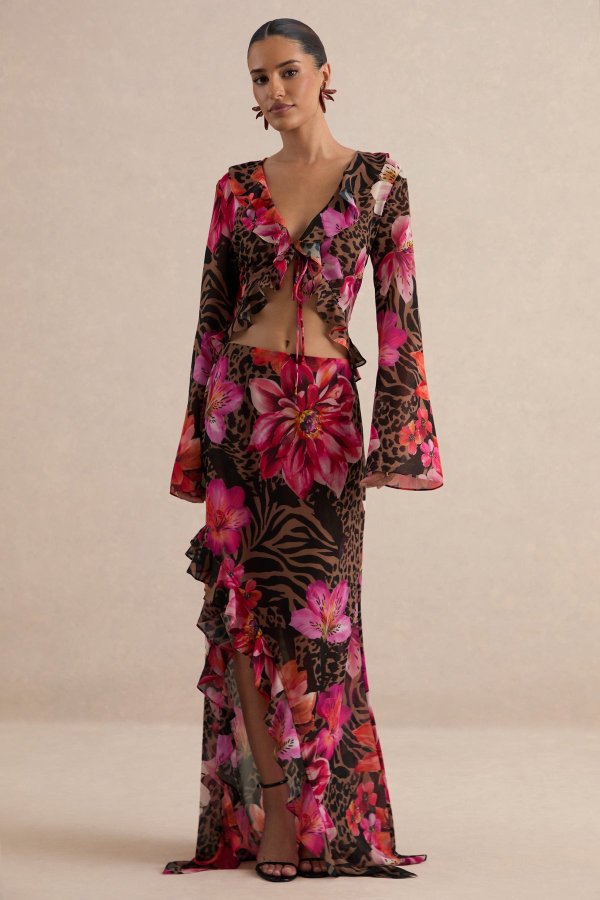 CL138621021 - Selina | Brown Sheer Animal And Floral Print Chiffon Maxi Skirt With Ruffled Detailing And Split 1.jpg