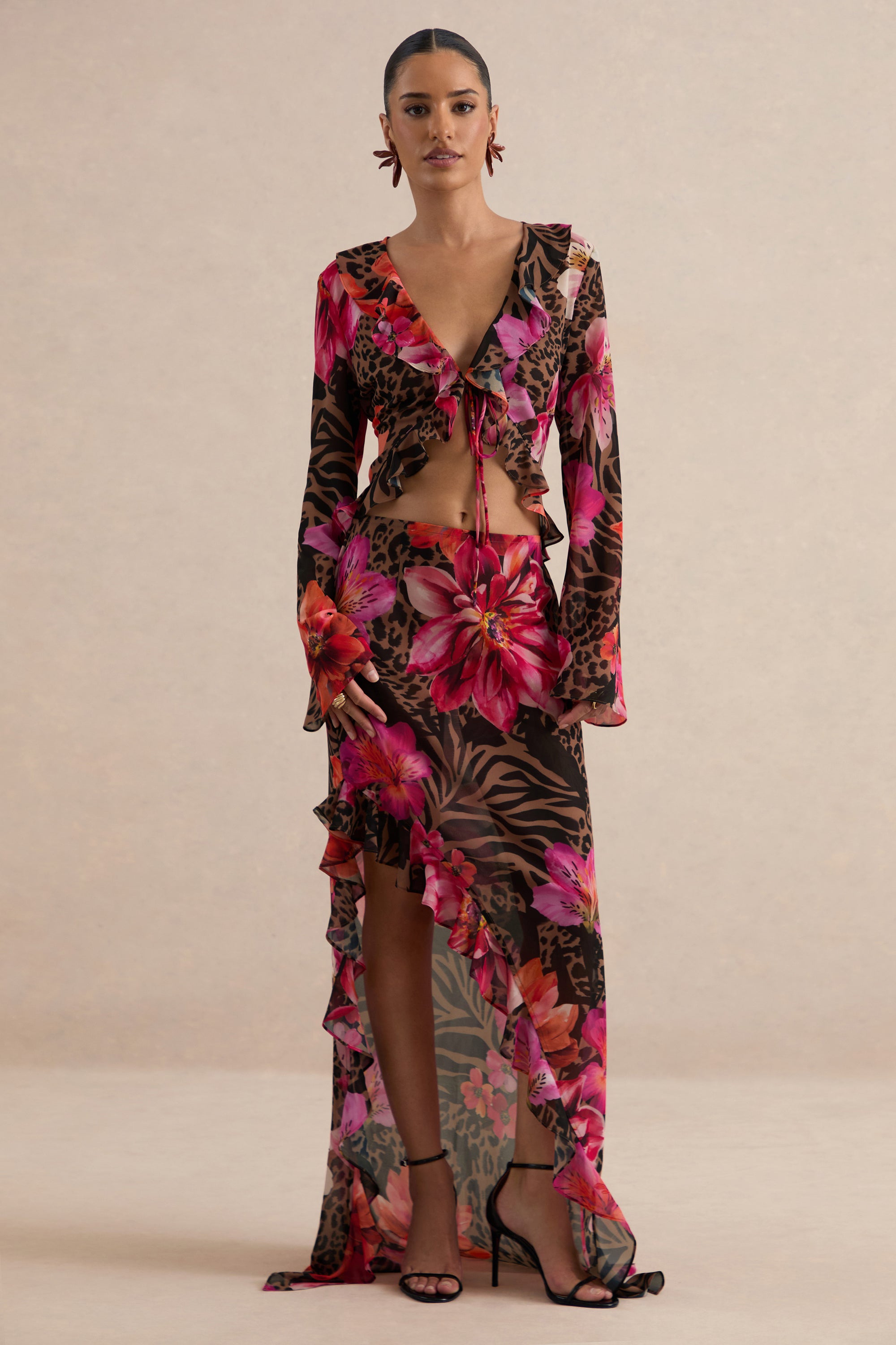 CL138621021 - Selina | Brown Sheer Animal And Floral Print Chiffon Maxi Skirt With Ruffled Detailing And Split 2.jpg