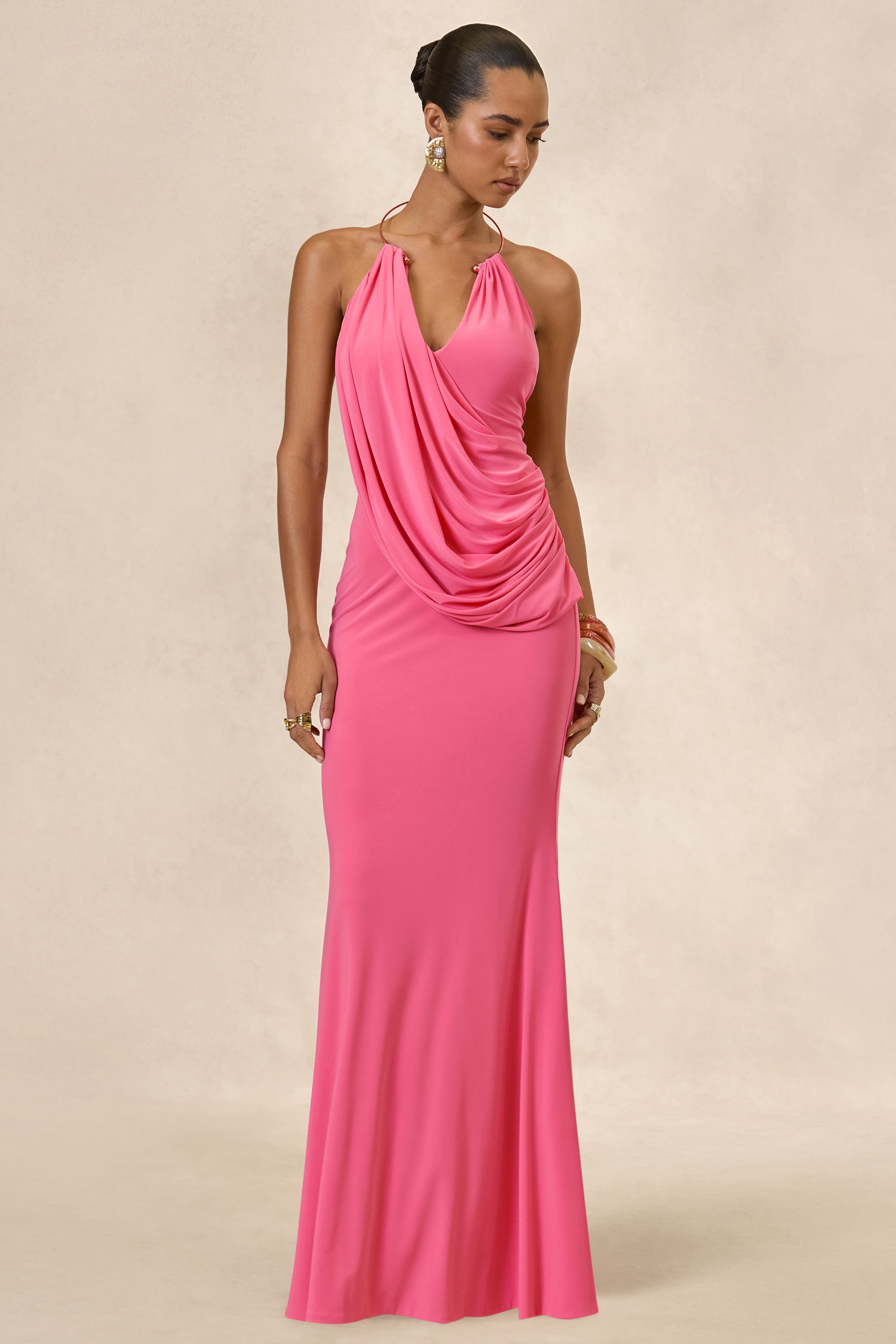 CL138697073 - Dinara _ Coral Halter-Neck Maxi Dress With Draped Detailing And Gold Detail0.jpg