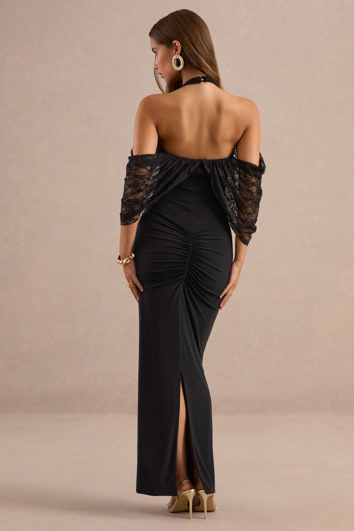 ECM_HR_CL138734001 - Chara Black Halter-Neck Maxi Dress With Ruched Detailing And Lace Sleeves Detail5.jpg