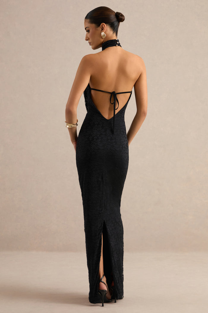 Magda | Robe longue noire en dentelle à décolleté bénitier plongeant a ...