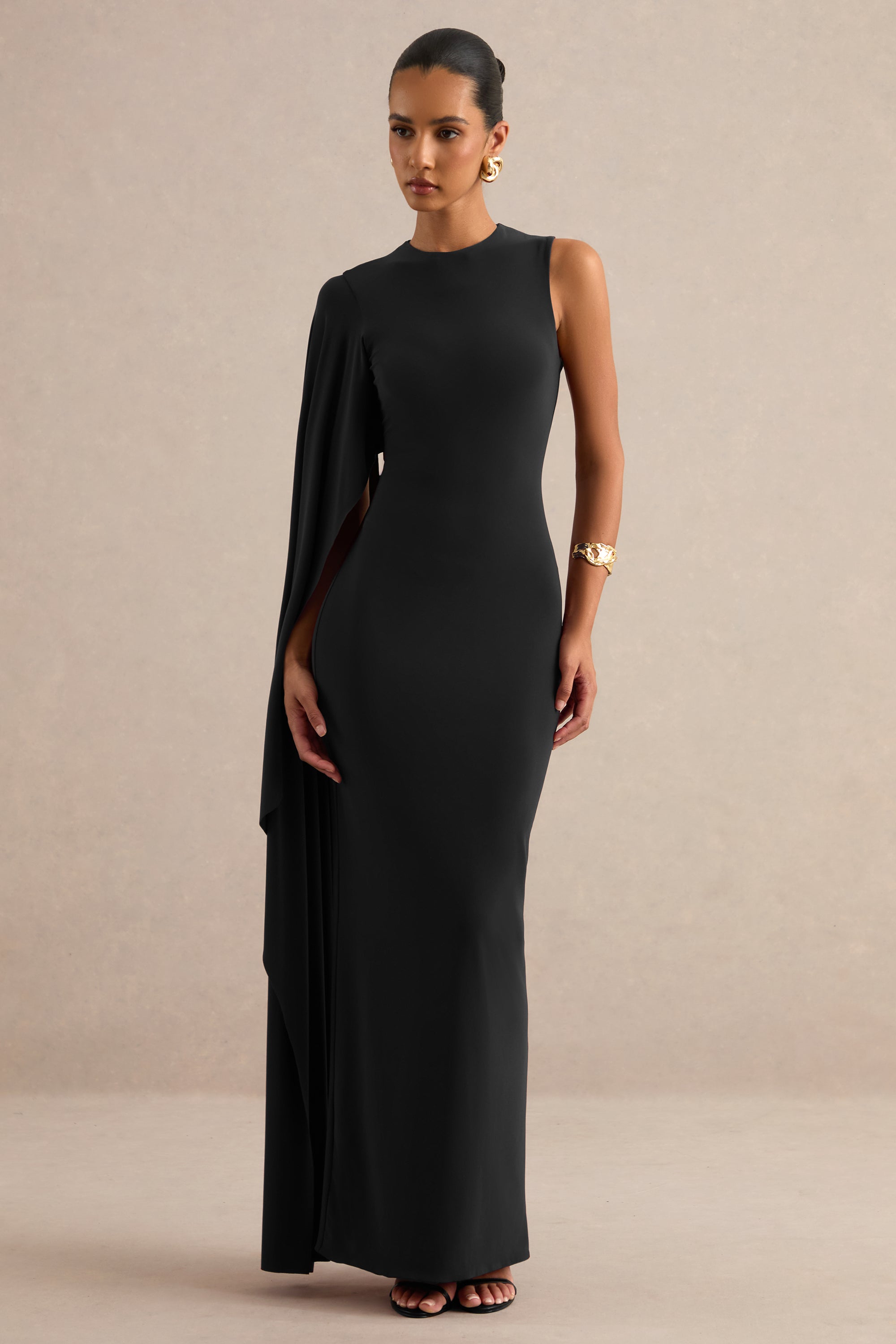 ECM_HR_CL138774001 - Maravelle | Black Round-Neck Maxi Dress With Cape Sleeve 0.jpg