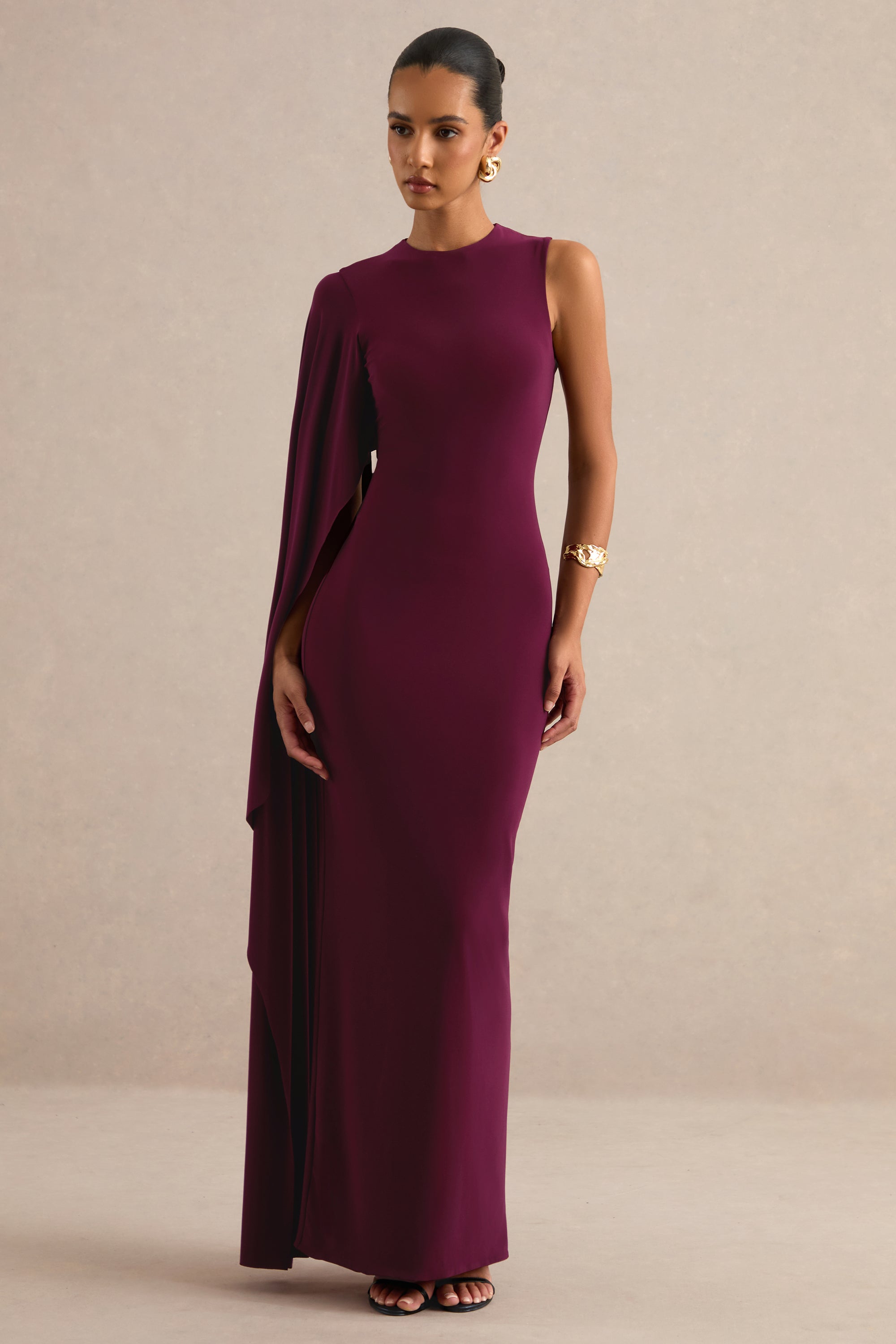 ECM_HR_CL138774102 - Maravelle | Burgundy Round-Neck Maxi Dress With Cape Sleeve 0.jpg