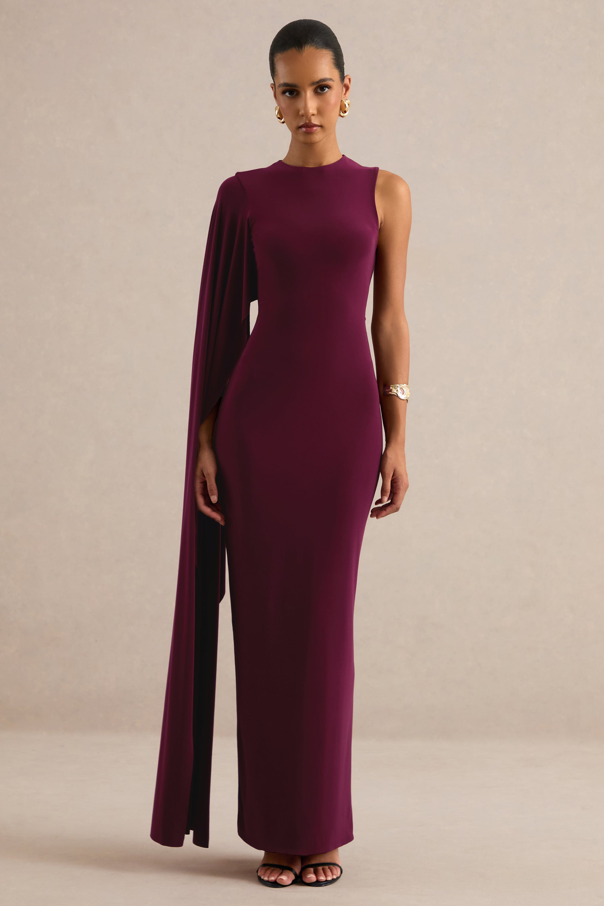ECM_HR_CL138774102 - Maravelle | Burgundy Round-Neck Maxi Dress With Cape Sleeve 2.jpg