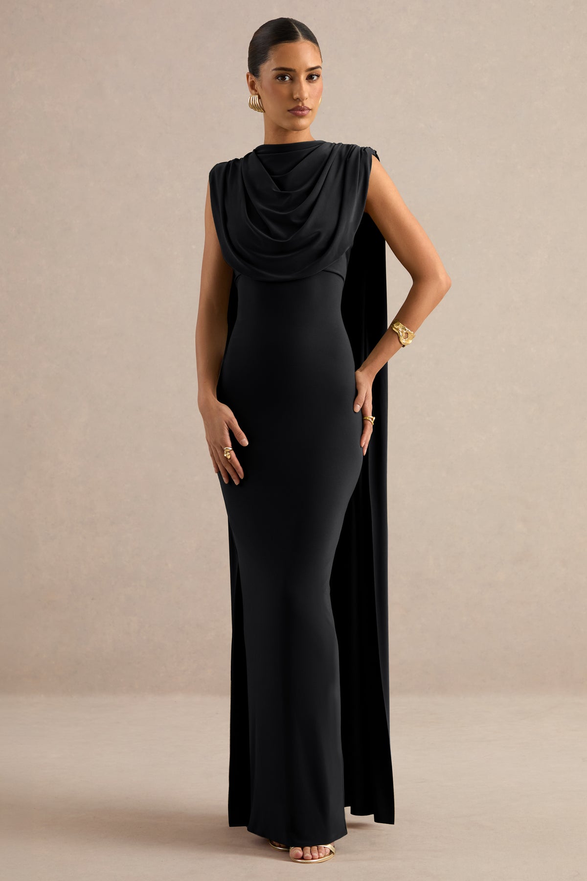 ECM_HR_CL138796001 - Hanina | Black Round-Neck Maxi Dress With Draped Detailing And Cape Sleeves 0.jpg
