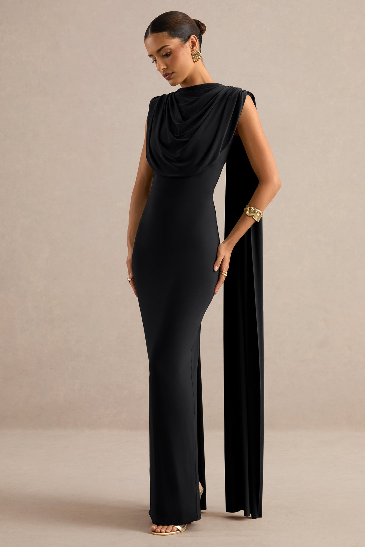 ECM_HR_CL138796001 - Hanina | Black Round-Neck Maxi Dress With Draped Detailing And Cape Sleeves 2.jpg
