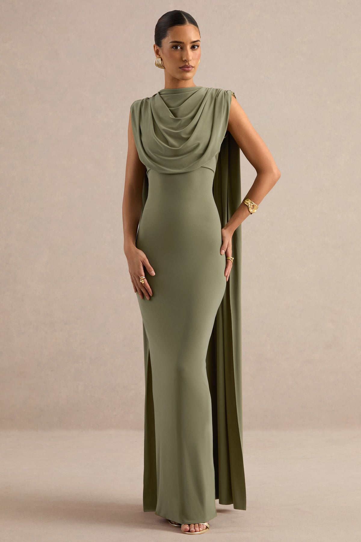 ECM_HR_CL138796031 - Hanina | Olive Round-Neck Maxi Dress With Draped Detailing And Cape Sleeves 0.jpg