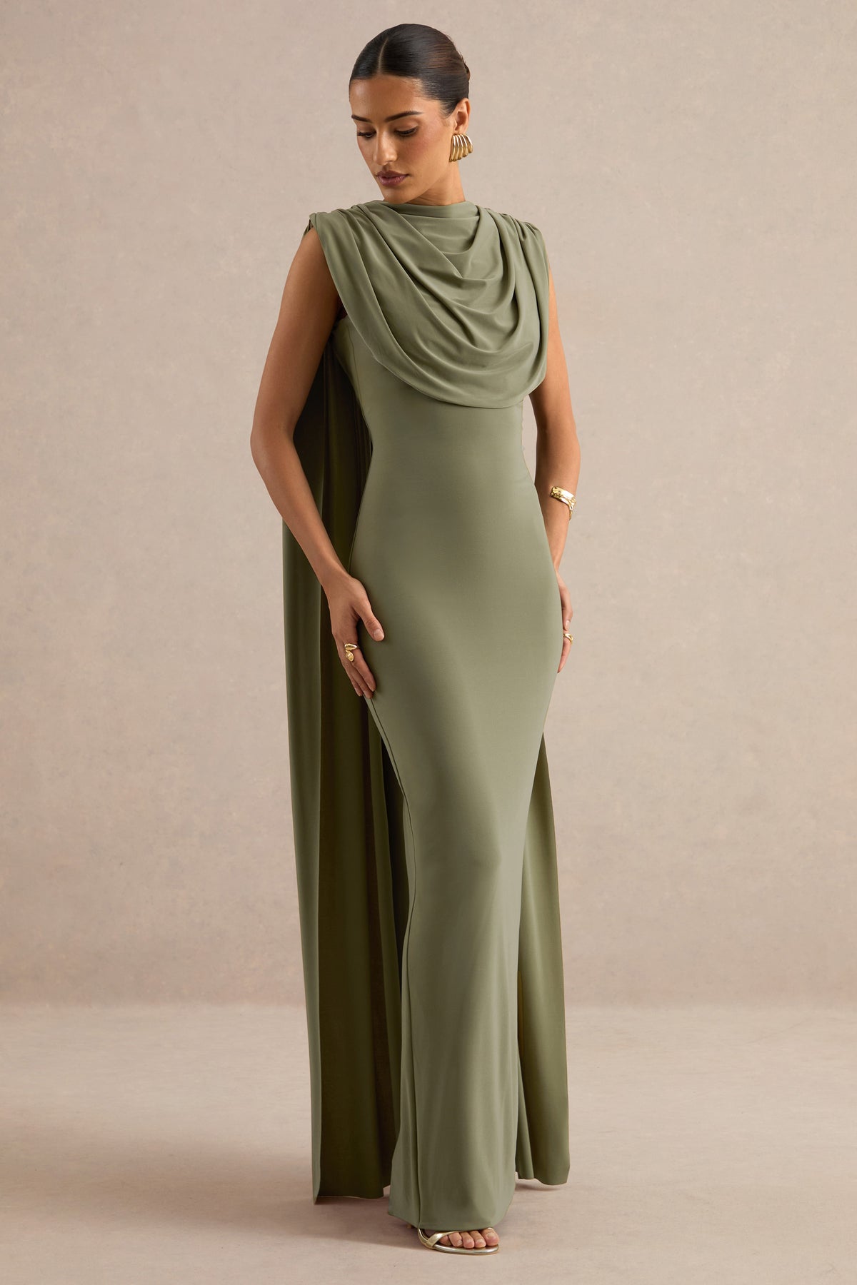 ECM_HR_CL138796031 - Hanina | Olive Round-Neck Maxi Dress With Draped Detailing And Cape Sleeves 1.jpg