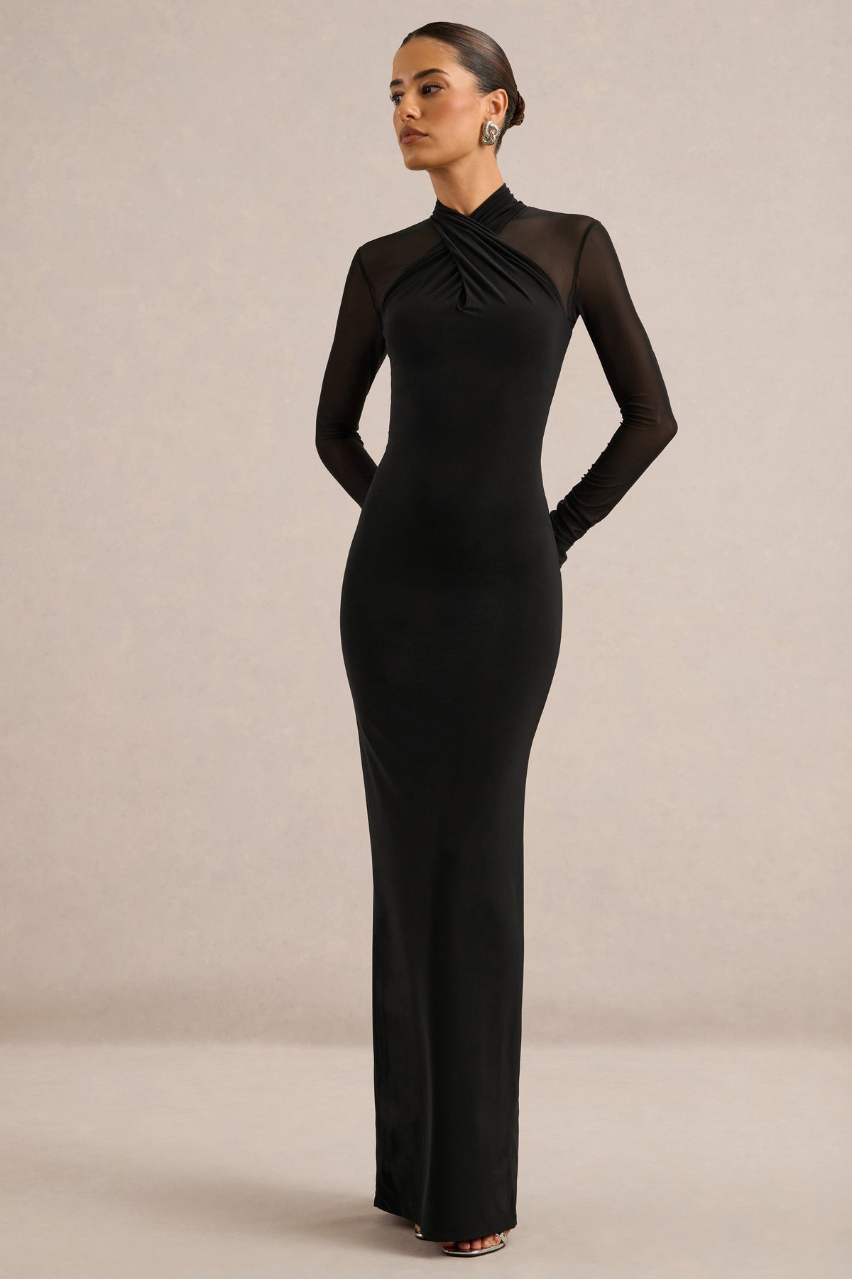ECM_HR_CL138820001 - Fiorella _ Black Halter Neck Maxi Dress with Mesh Sleeves1.jpg