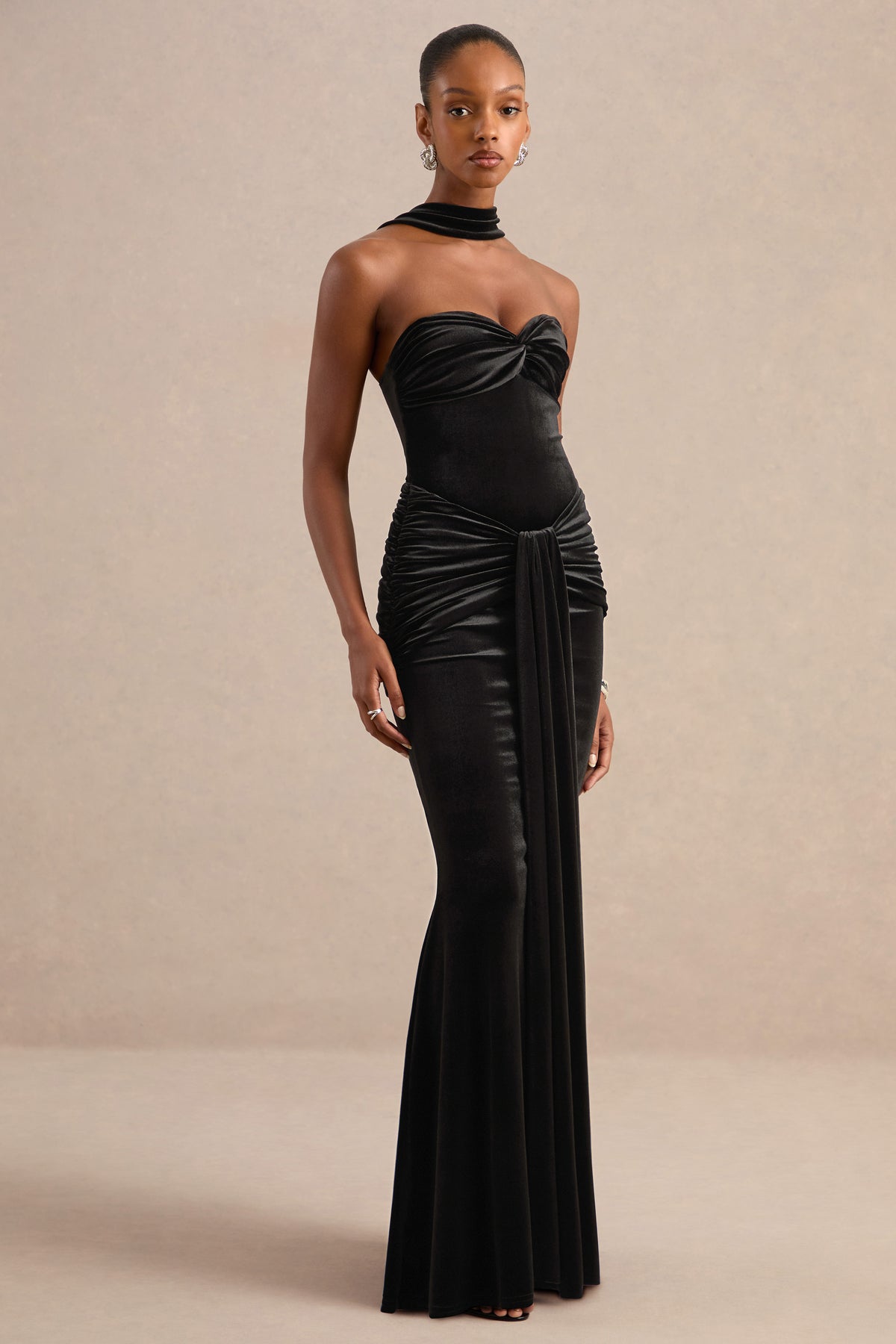 ECM_HR_CL138835001 - Wren Black Velvet Drape Front Bandeau Maxi Dress with Halter-Collar1.jpg
