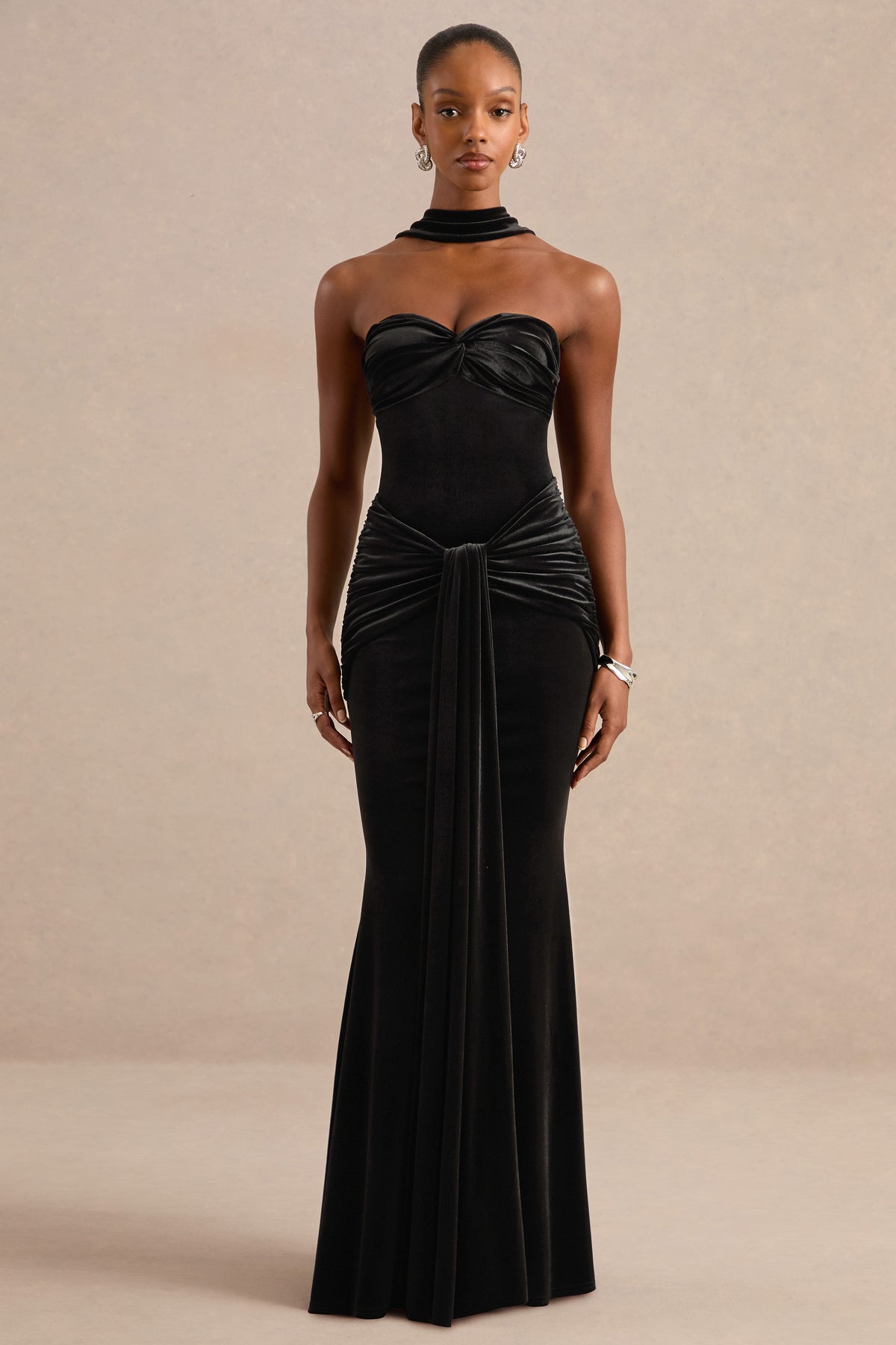 ECM_HR_CL138835001 - Wren Black Velvet Drape Front Bandeau Maxi Dress with Halter-Collar2.jpg