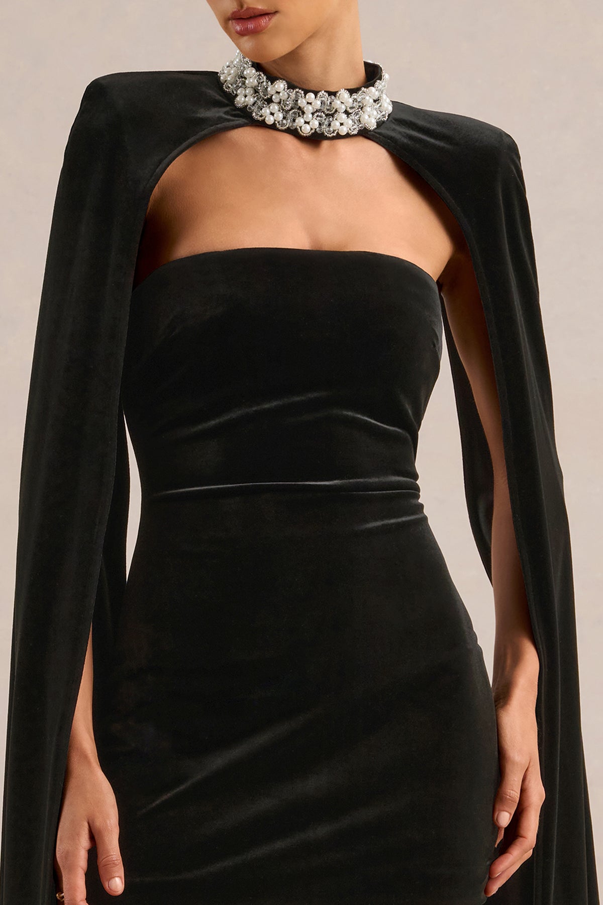 ECM_HR_CL138858001 - Cassanda _ Black Velvet Bandeau Fitted Mini Dress & CL138859001 - Casandera Black Velvet Embellished High Neck Long Sleeve Cape 0-.jpg