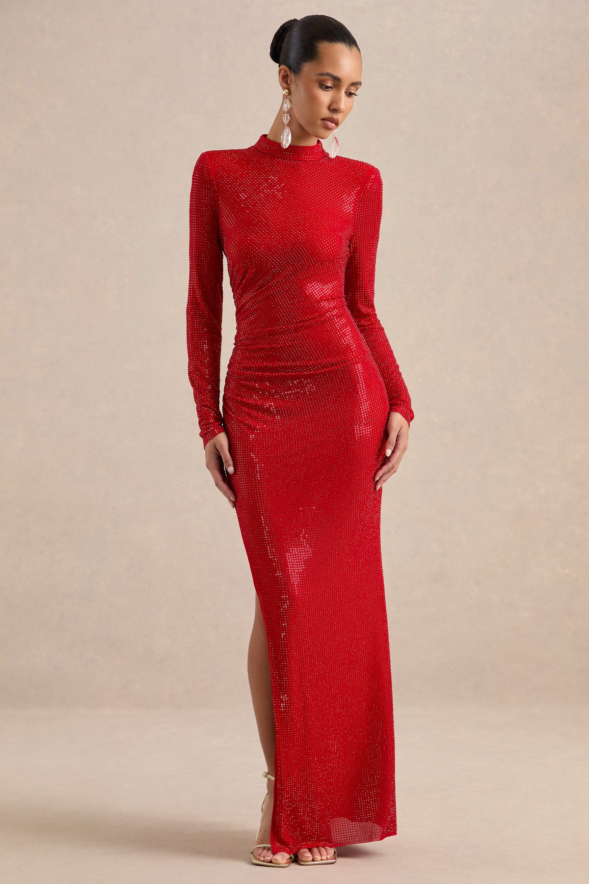 ECM_HR_CL138873100 - Georgiana _ Red Diamante High Neck Long Sleeve Maxi Dress With Gathered Detailing And Split2.jpg