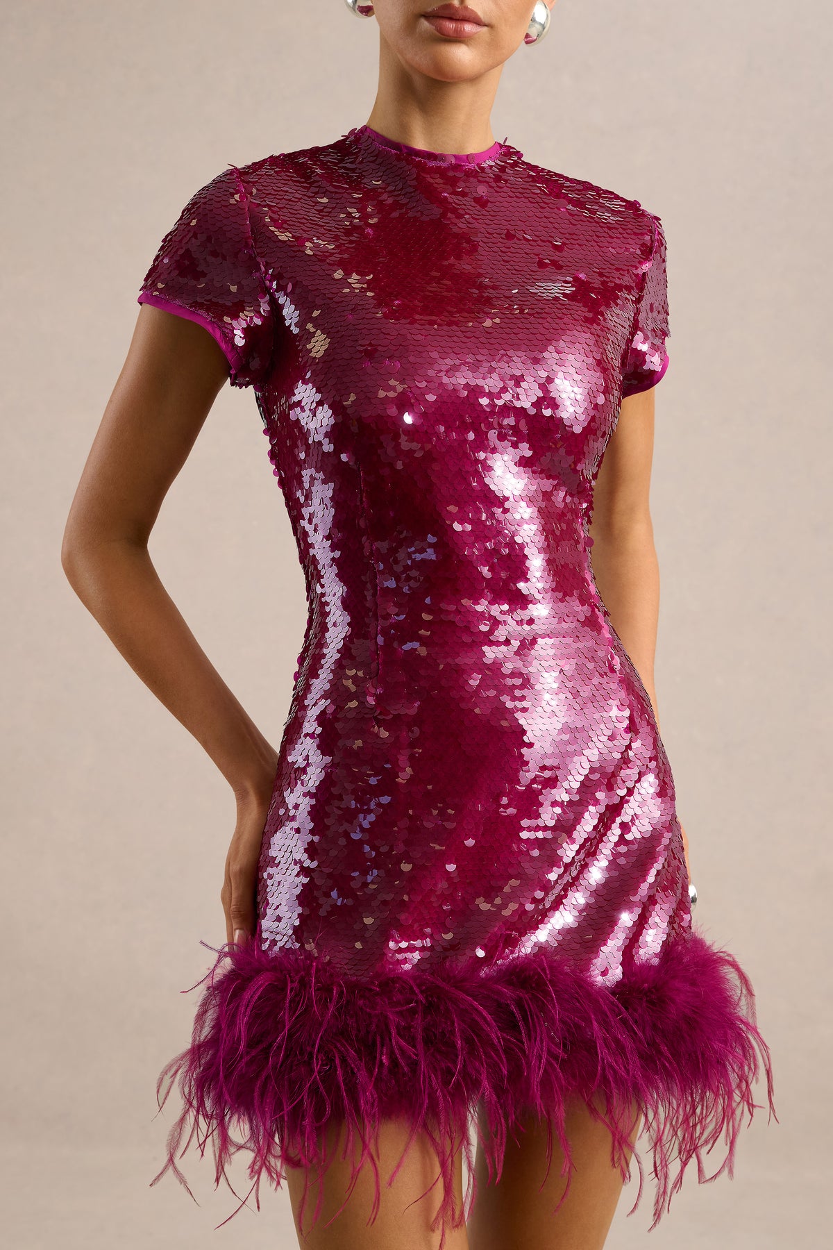 ECM_HR_CL138878080 - Ashlyn _ Hot Pink Sequin High Neck Short Sleeve Mini Dress With Feather Detailing3.jpg
