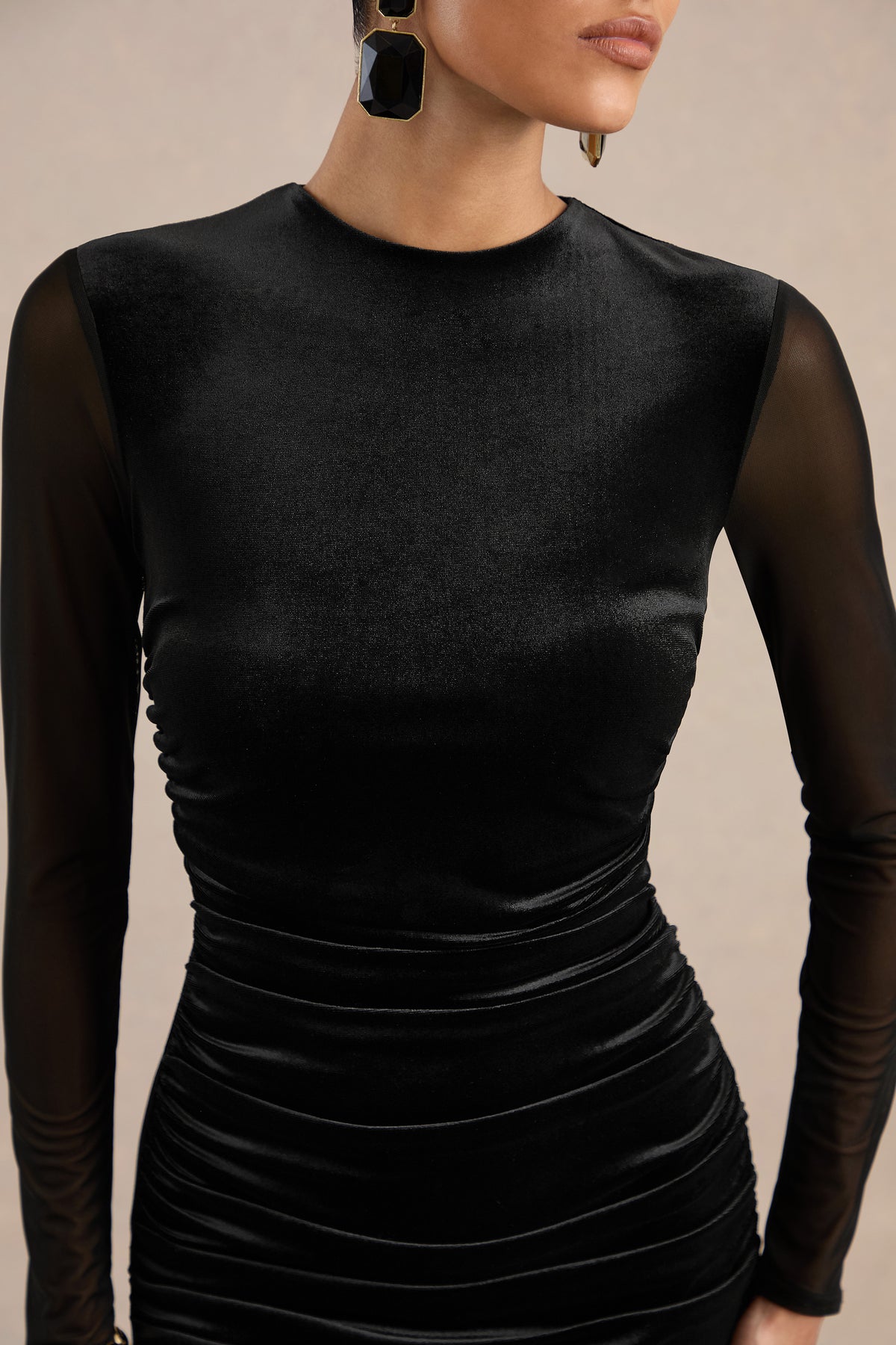 ECM_HR_CL138896001 - Marielle _ Black Velvet Round Neck Long Sleeve Fitted Maxi Dress With Gathered Detailing And Mesh Sleeves4.jpg