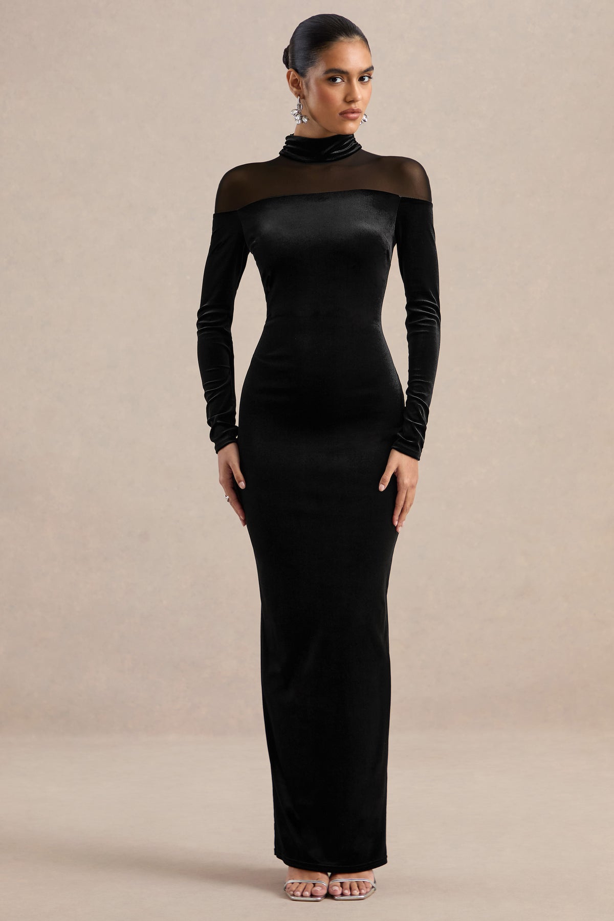 ECM_HR_CL138897001 - Rosa - Black Velvet High Neck Long Sleeve Maxi Dress With Sheer Detailing0.jpg