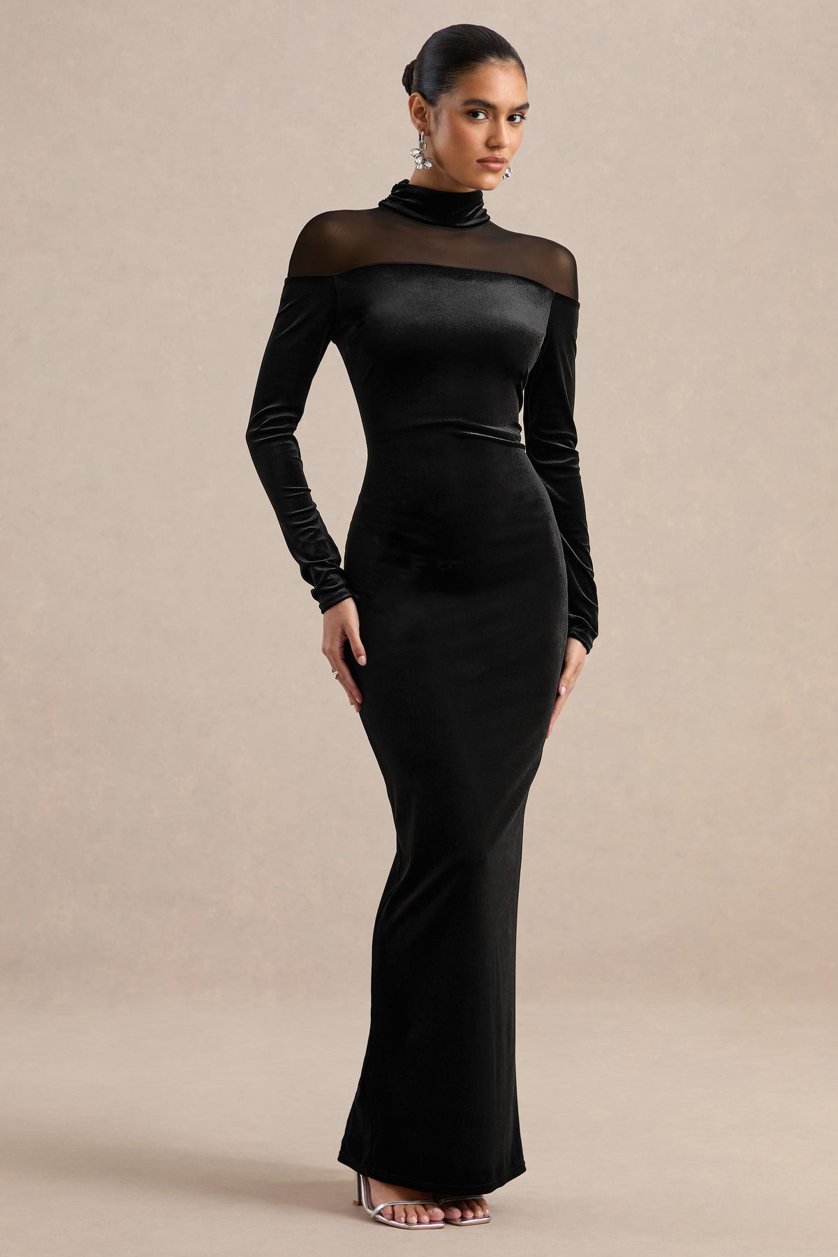 ECM_HR_CL138897001 - Rosa - Black Velvet High Neck Long Sleeve Maxi Dress With Sheer Detailing2.jpg