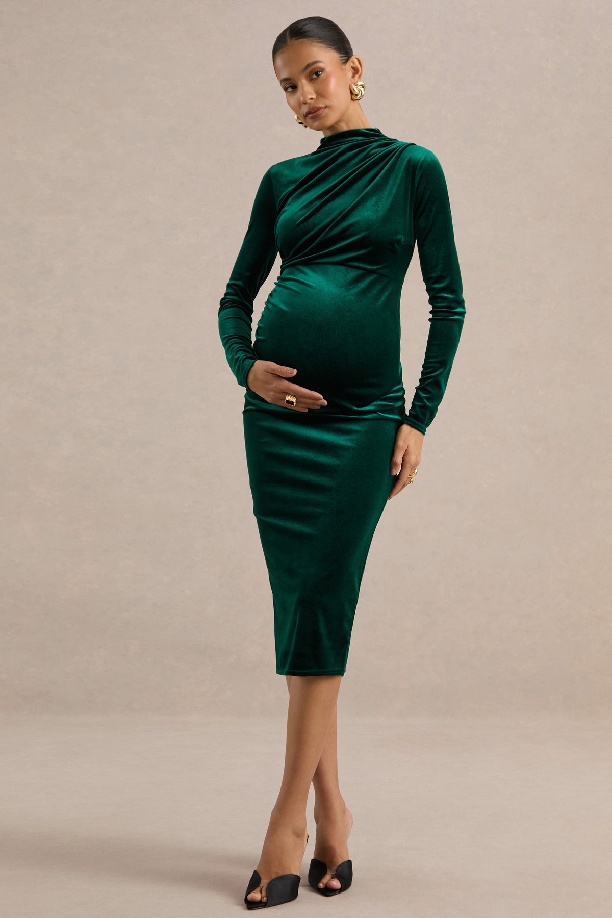 ECM_HR_CL139341038 - Perelina _ Dark Green Velvet High Neck Long Sleeve Maternity Midi Dress With Gathered Detailing1.jpg