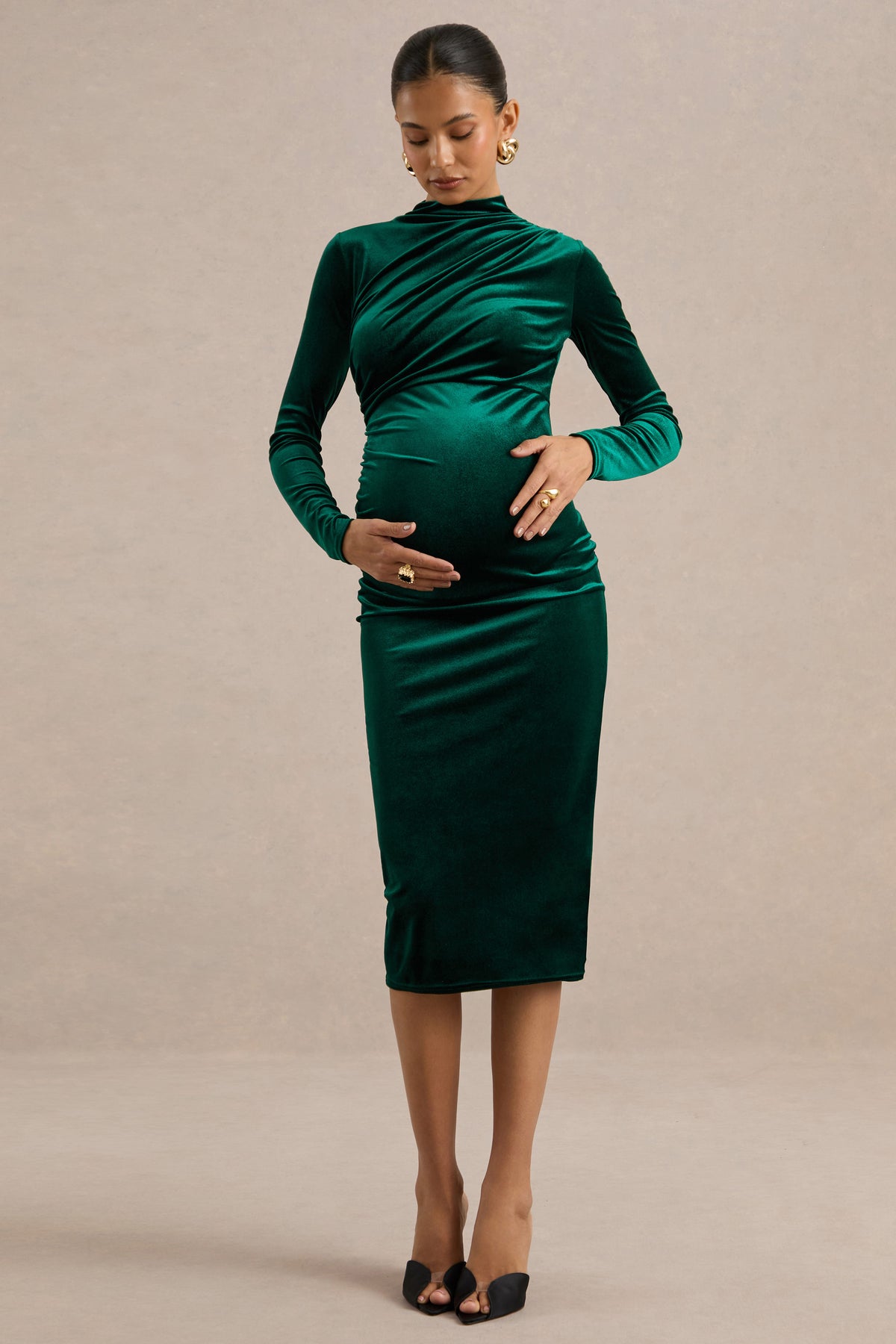 ECM_HR_CL139341038 - Perelina _ Dark Green Velvet High Neck Long Sleeve Maternity Midi Dress With Gathered Detailing2.jpg