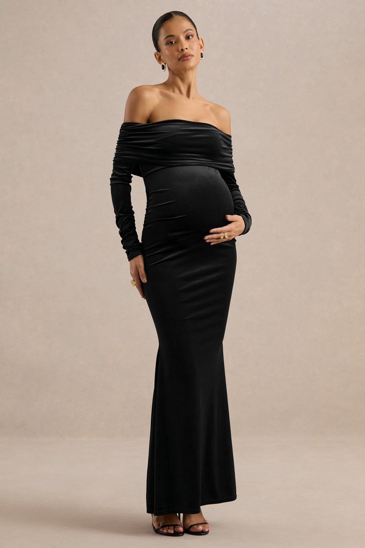 ECM_HR_CL139348001 - Saevana _ Black Velvet Bardot Long Sleeve Maternity Maxi Dress With Gathered Detailing2.jpg