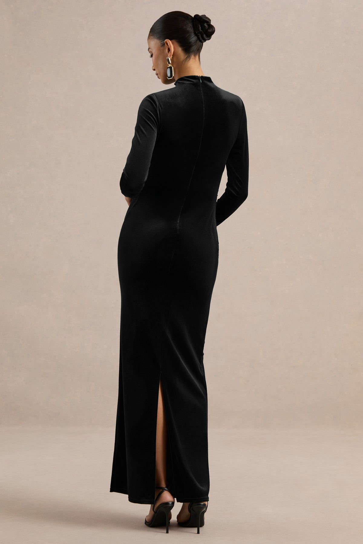 ECM_HR_CL139349001 - Kalana _ Black Velvet High Neck Long Sleeve Maternity Maxi Dess With Gathered Detailing And Back Split5.jpg