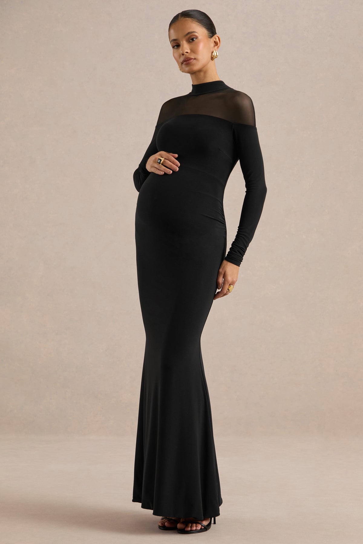 ECM_HR_CL139445001 - Caelenia _ Black Jersey High Neck Long Sleeve Maternity Maxi Dress With Sheer Mesh Detailing1.jpg