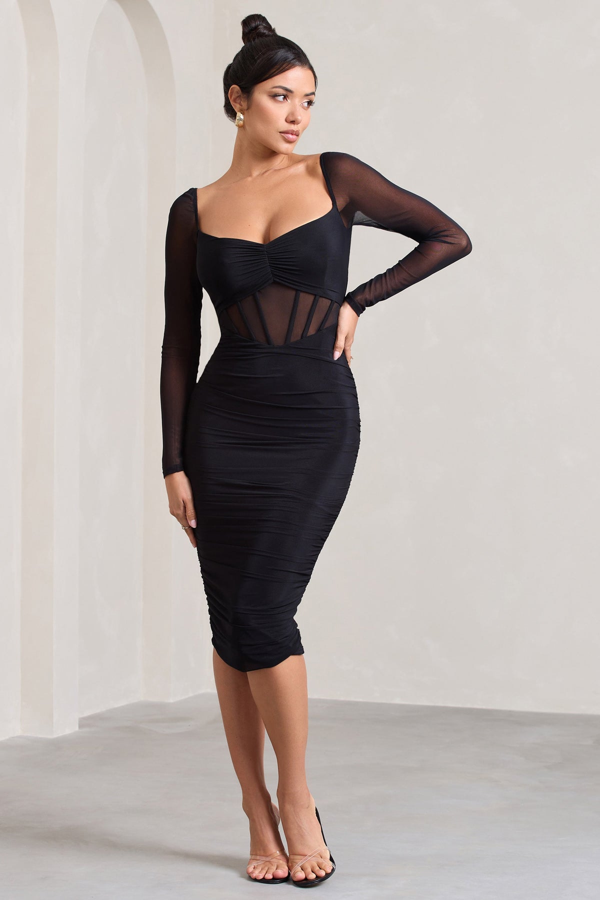 Abiba Black Ruched Front Corset Midi Dress With Long Sleeves US 2 Black