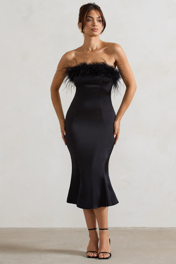 Black satin dress store one shoulder, wide sleeve with feathers !!!!!