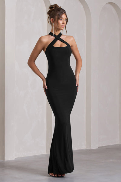 ● CITYBREEZE ● Heart Halter Neck Long Dress - BLACK Cross My Heart Black Sleeveless Cross-Neck Maxi Dress – Club