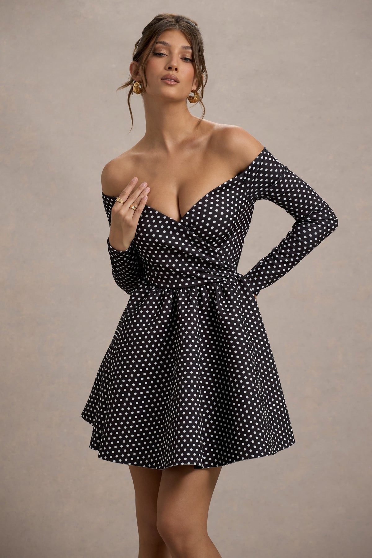 Riva | Black Polka Dot Bardot Long-Sleeve Mini Dress