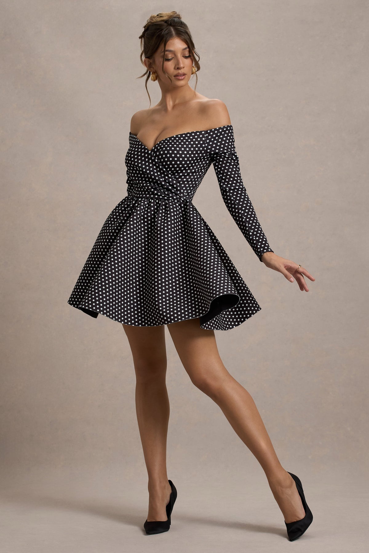 Riva | Black Polka Dot Bardot Long-Sleeve Mini Dress