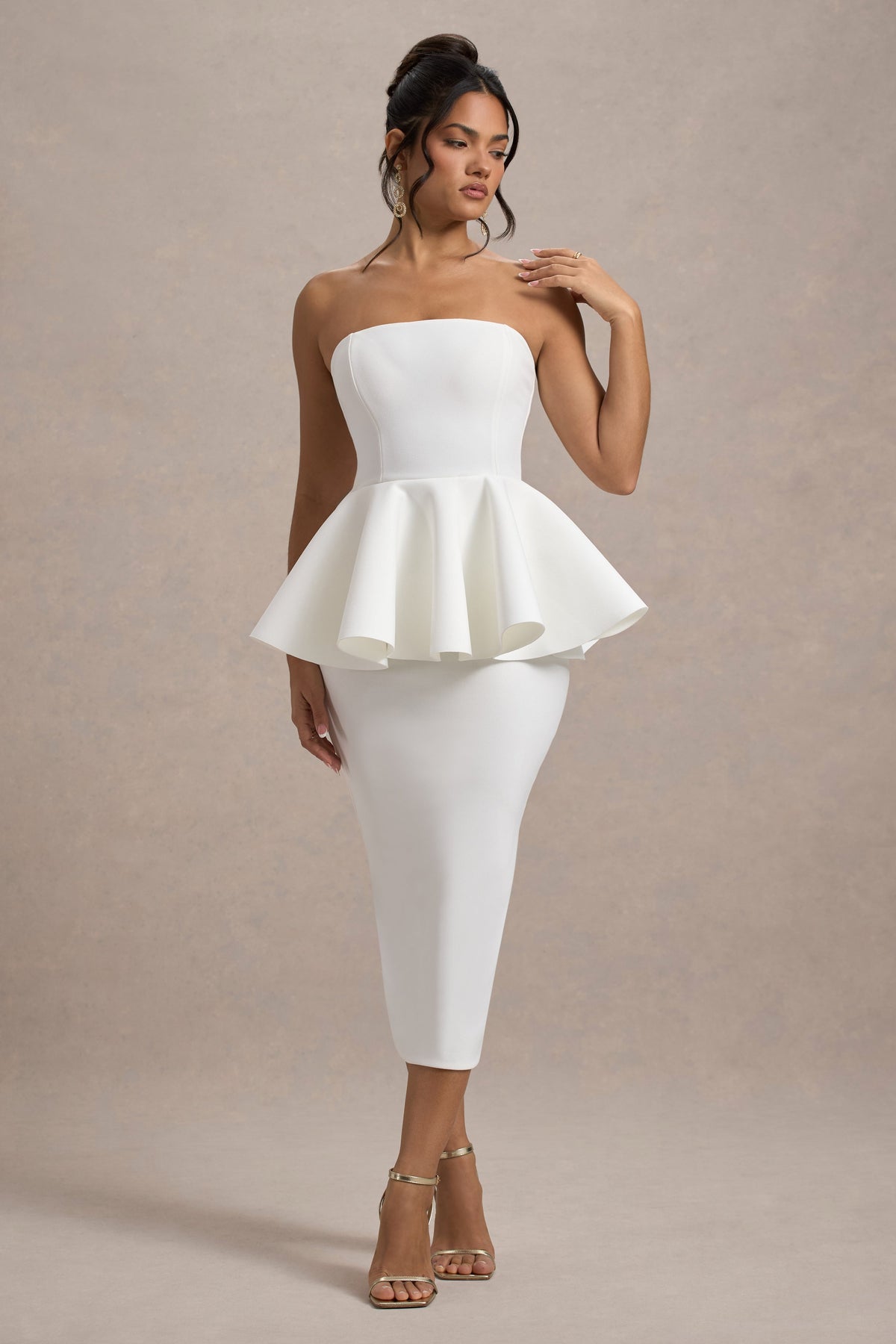 First Dance | White Bandeau Peplum Midi Dress