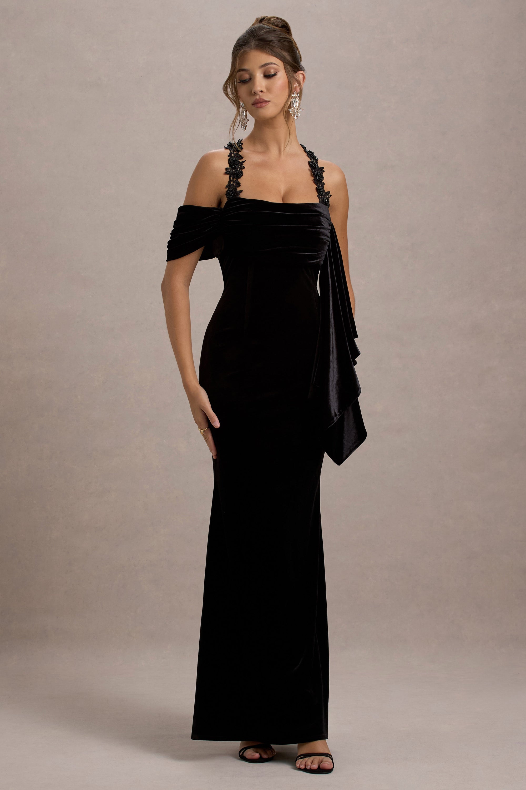 Charlize | Robe Longue Drapée Dos Nu en Velours Noir