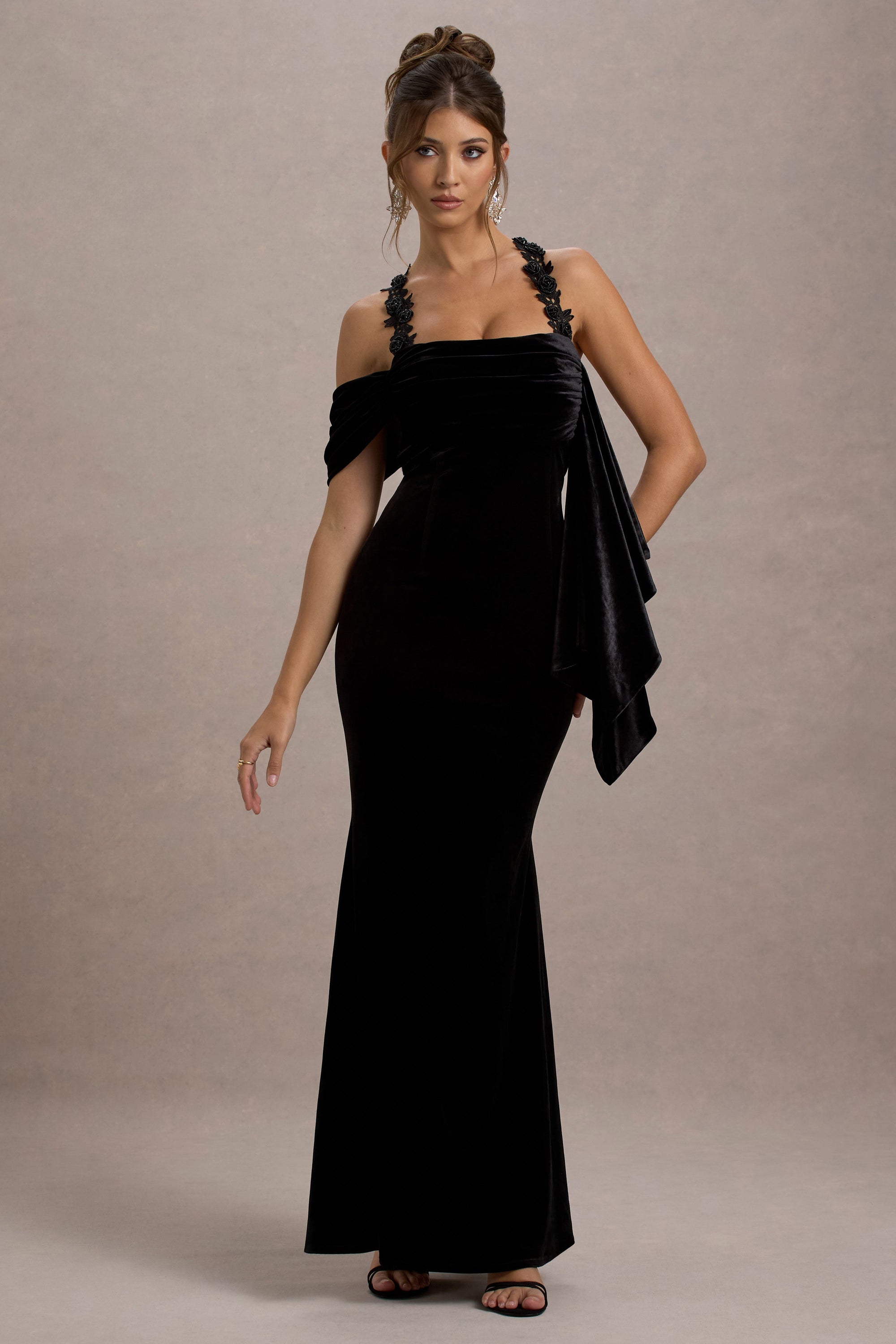 Charlize | Robe Longue Drapée Dos Nu en Velours Noir