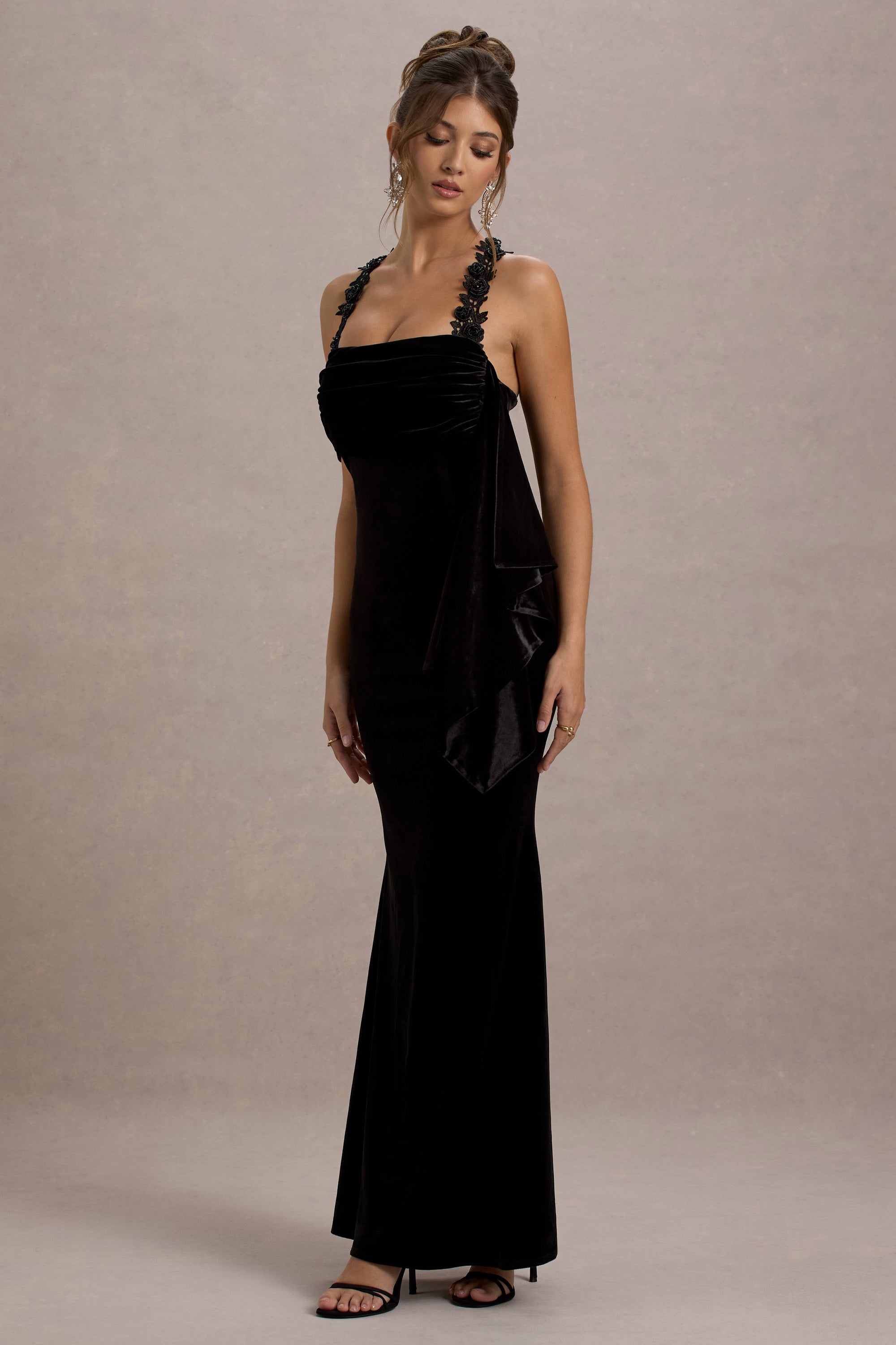 Charlize | Robe Longue Drapée Dos Nu en Velours Noir