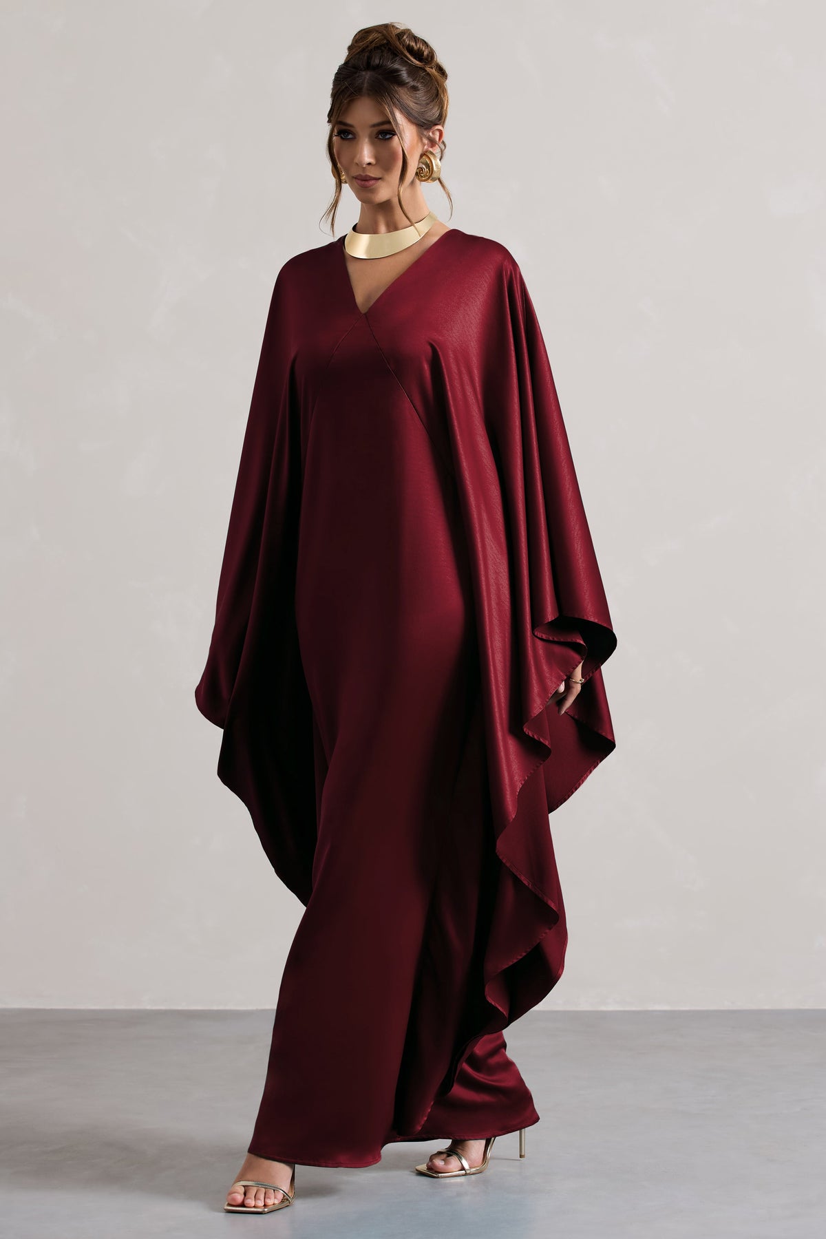 Alohi | Berry Satin Plunge Cape Maxi Dress