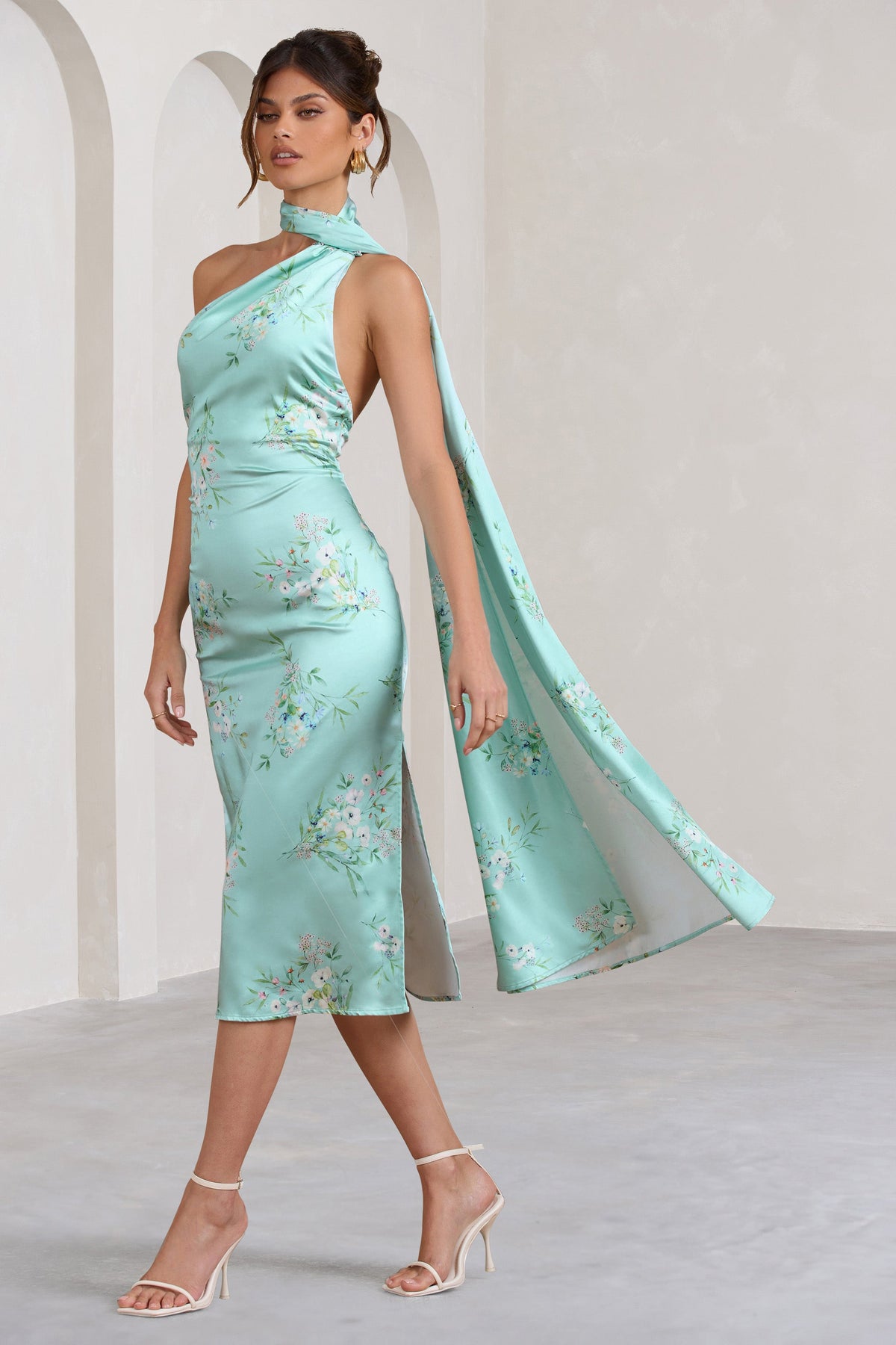 Madame | Mint Green Floral Print Satin Asymmetric Scarf Neck Backless Midi Dress