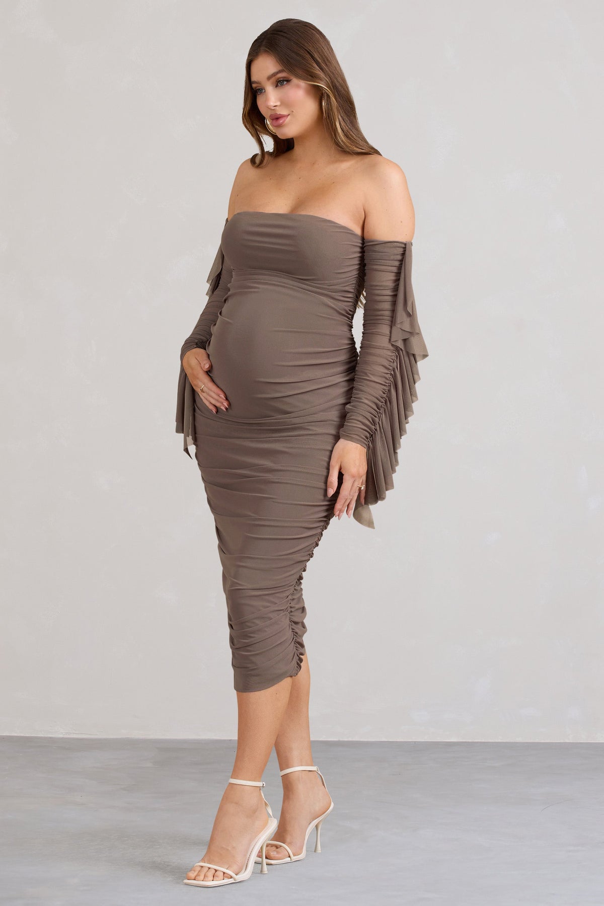 Aroma | Brown Ruched Mesh Maternity Midi Dress With Ruffled Sleeves